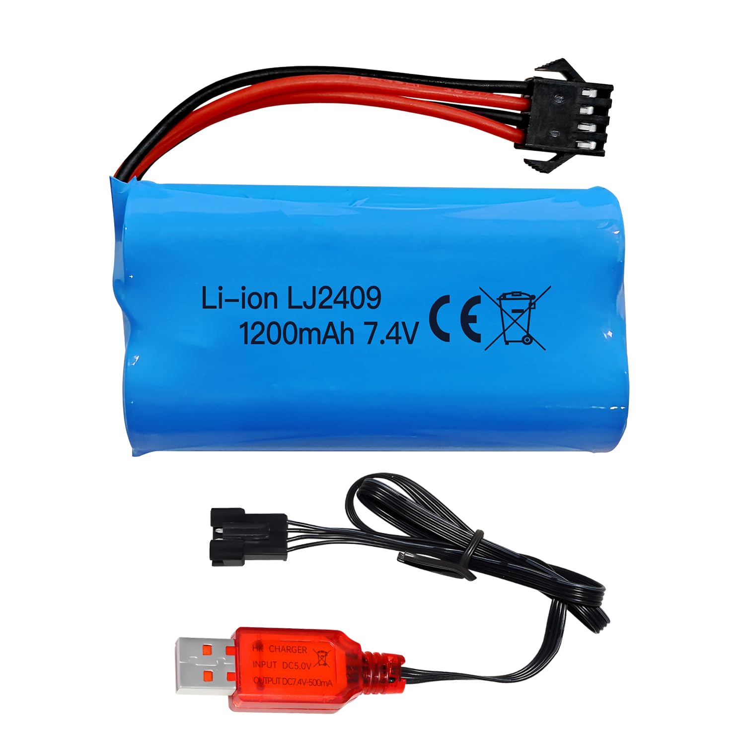 7.4V 1200 mAh SM-4P Plug Battery with USB Charging Cable for EC08 RC Toy Car Model Off-Road Vehicle Climbing Drift Racing Remote Control Boat Battery