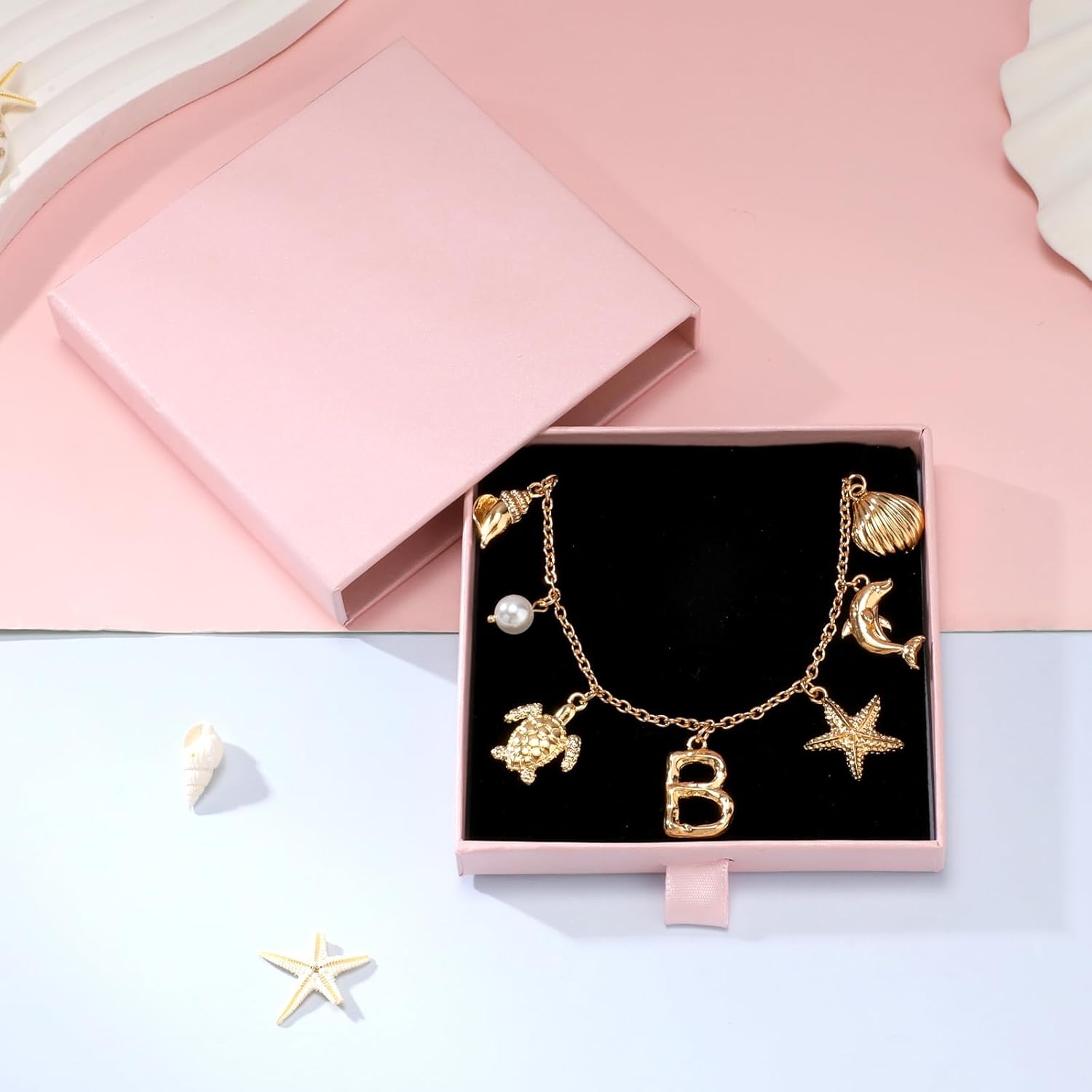 NEKOL Initial B Charm Necklace For Women, Boho Gold Summer Beach Surfer Letter Necklace Starfish Seashell Pearl Turtles Dolphin Charms Pendant, Trendy Pendant Alphabet Choker Necklace Jewelry Gifts - Image 5