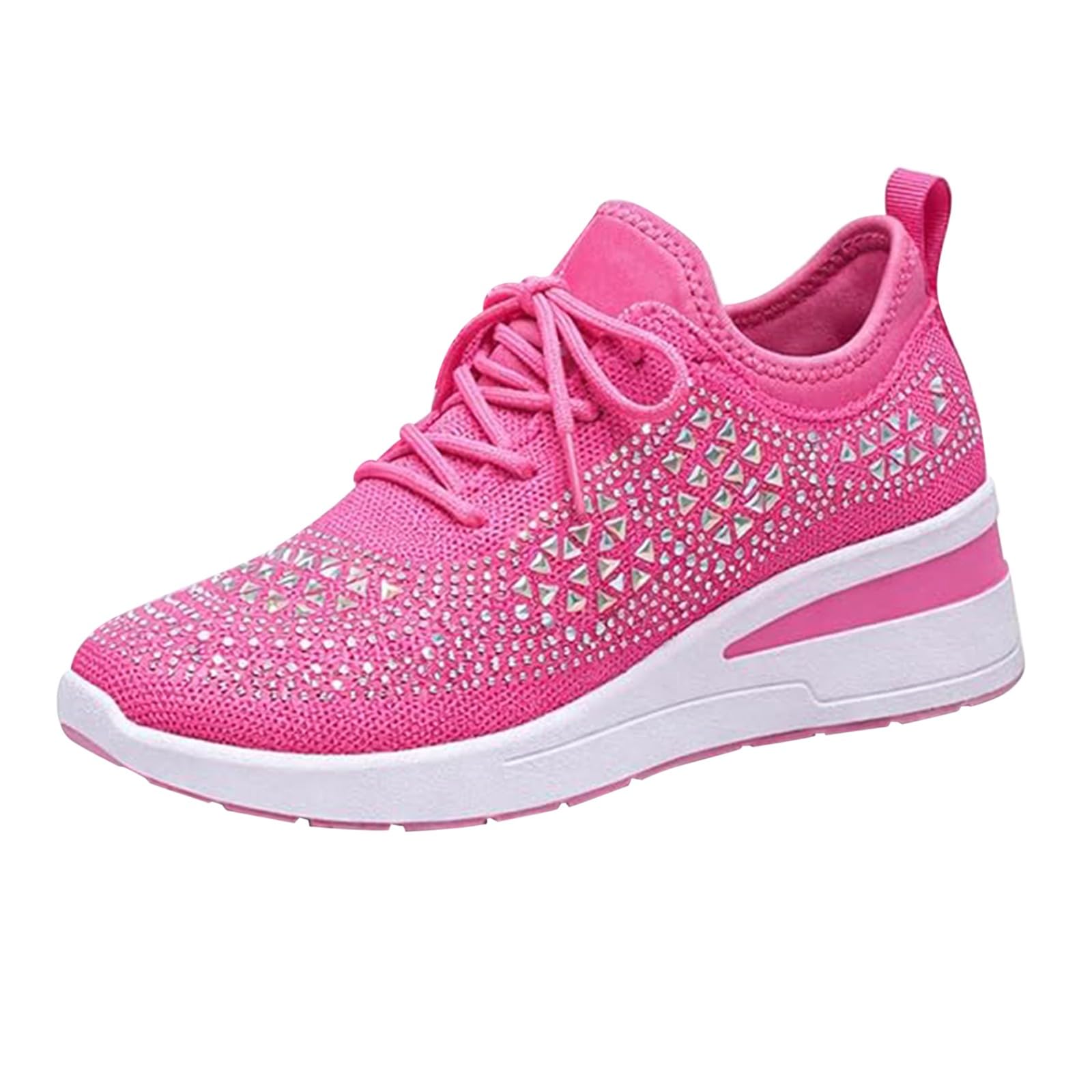 Scarpe da ginnastica da donna con plateau impreziosite con strass e maglia traspirante per abiti casual alla moda, Rosa acceso, 40 EU