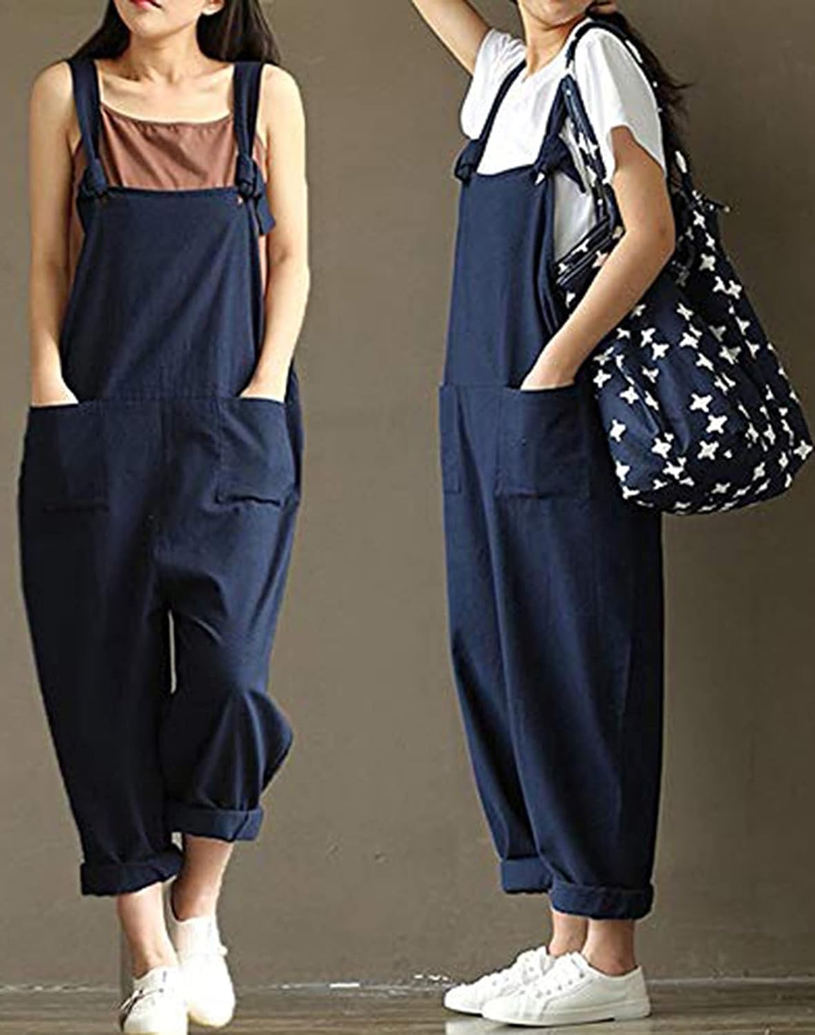 Aedvoouer Women's Jumpsuits Overalls Plus Size Wide Leg Loose Cotton Linen Baggy Bib Pants - Image 2