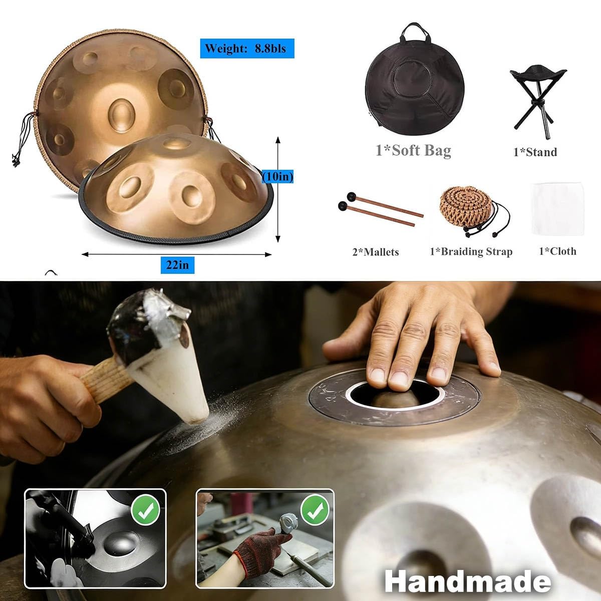 Strumento a Percussione 22 Pollici Re Minore – Handpan con 432Hz/440Hz, 9/10/12 Note, Handpan Drum con Borsa Morbida, Tamburo in Acciaio per Meditazione e Yoga(Argento,432HZ/9Note)