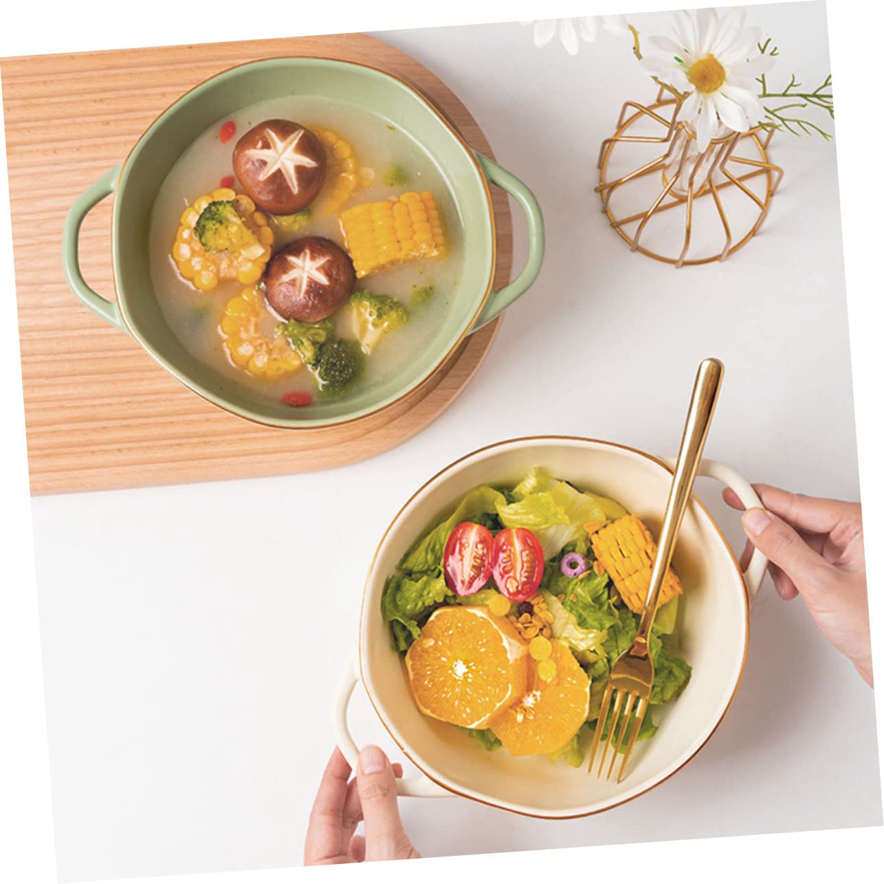 VANZACK Bol de para Sopa y Ensalada con Doble Asa Resistente al Calor Apto para Horno Decoración de Cocina Verde Matcha Fácil de Limpiar Deformaciones