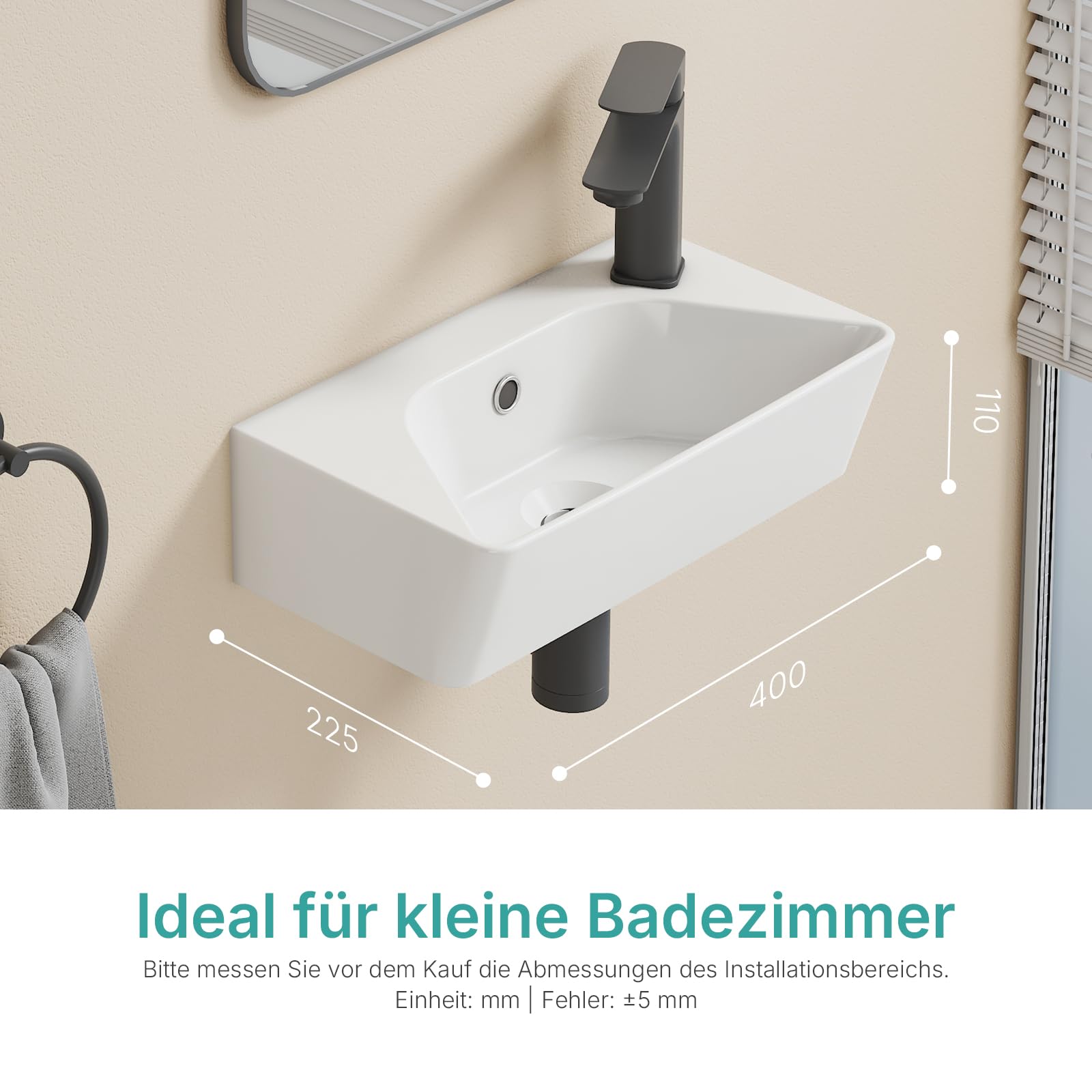 EMKE Piccolo lavandino rettangolare 40,0 × 22,5 × 13,0 cm, in ceramica, con foro per rubinetto e troppopieno, piccolo lavandino a mano, ideale per bagno e WC degli ospiti, bianco