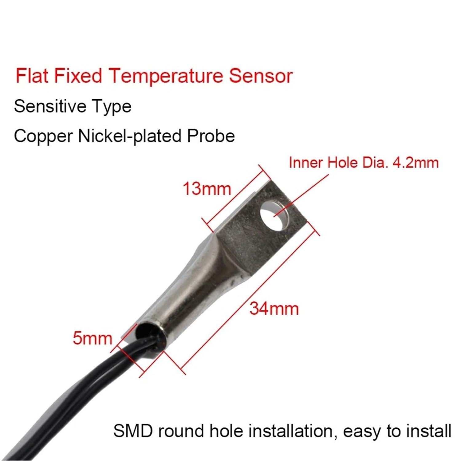 NTC Round Hole SMD Temperature Sensor Copper Nickel-Plated Probe 1m Cable 5~100K Thermistor for Chicken House/Greenhouse(50K 1m Length)