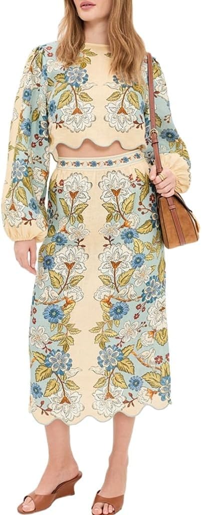 THLAI Women 2 Piece Skirt Sets Floral Print Bishop Sleeve Crop Top and Midi Skirt Summer Vacation Outfits