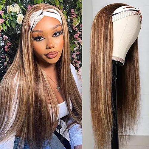 Ombre Blonde Headband Wig Human Hair Straight Highlight Honey Blonde Wig, Brazilian Human Hair Glueless None Lace Front Machine Made Wigs with Headbands Attached #4/27 150% Density (12 Inch)