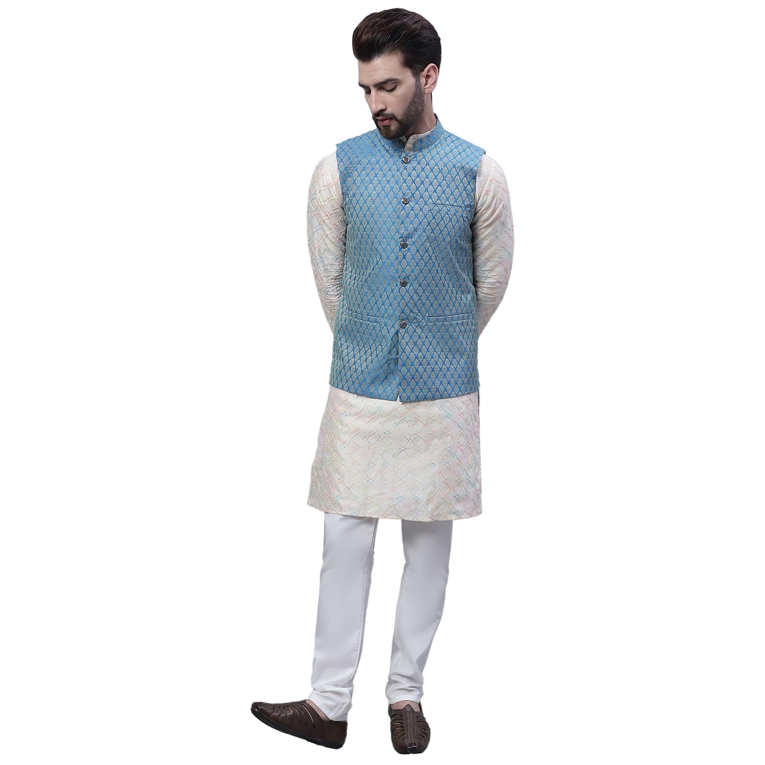 sojanya Men's Silk Blend Cream Kurta and Cream Pyjama with Maroon Silk Nehru Jacket-picture-10