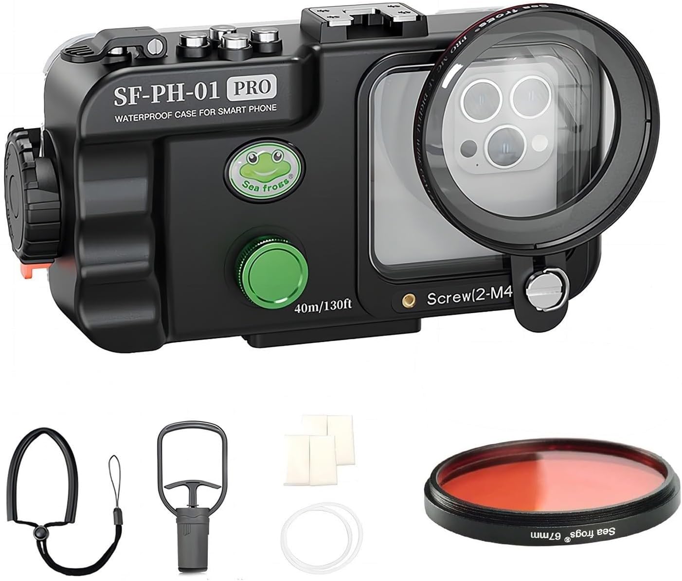 Seafrogs SF-PH-01 Pro Underwater Case with Red Filter, Waterproof Phone Housing for iPhone 15/14/13/12 Samsung Galaxy, 68x68mm Lens Window, 175x85mm Internal Space