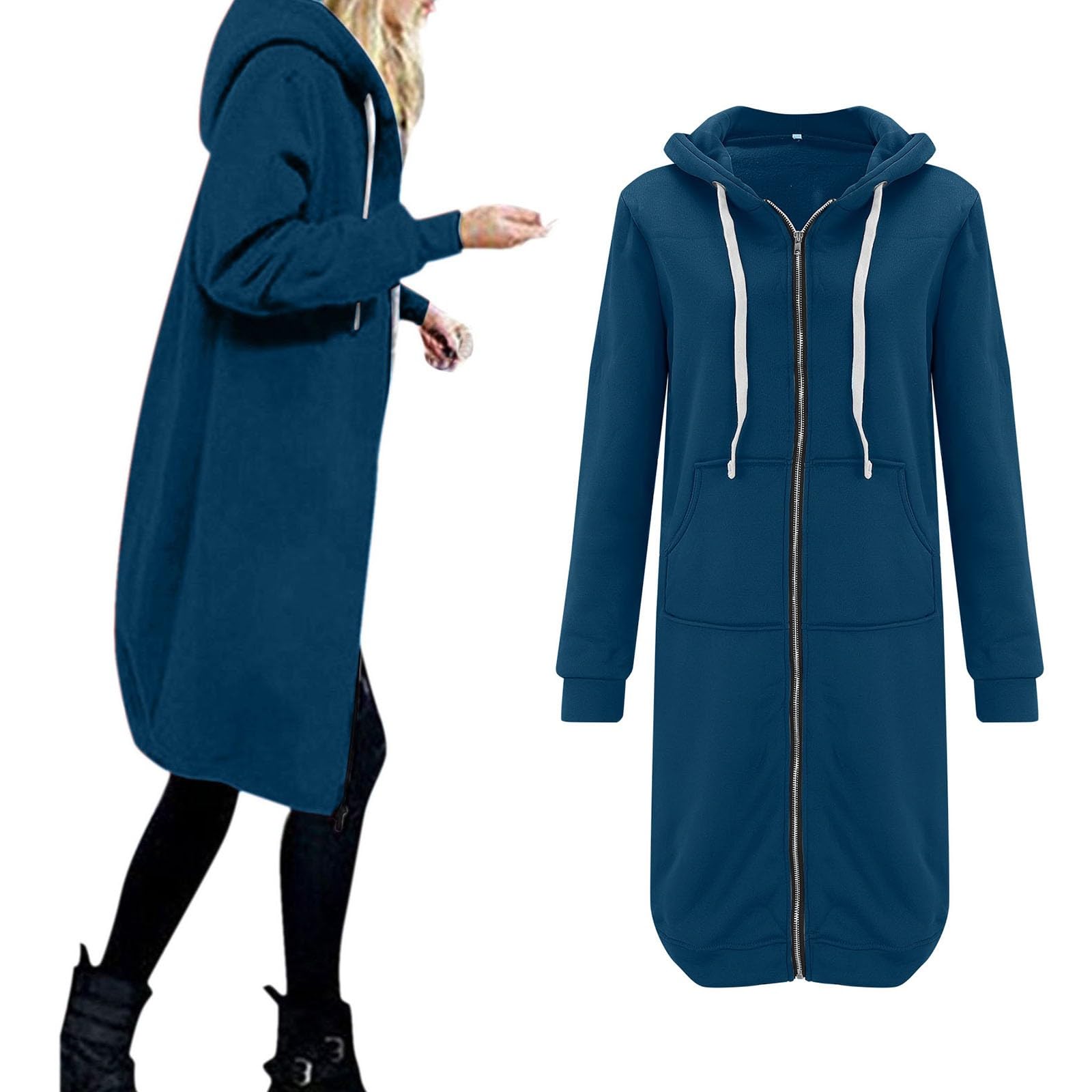 Felpa da donna con cappuccio, lunga, oversize, invernale, tinta unita