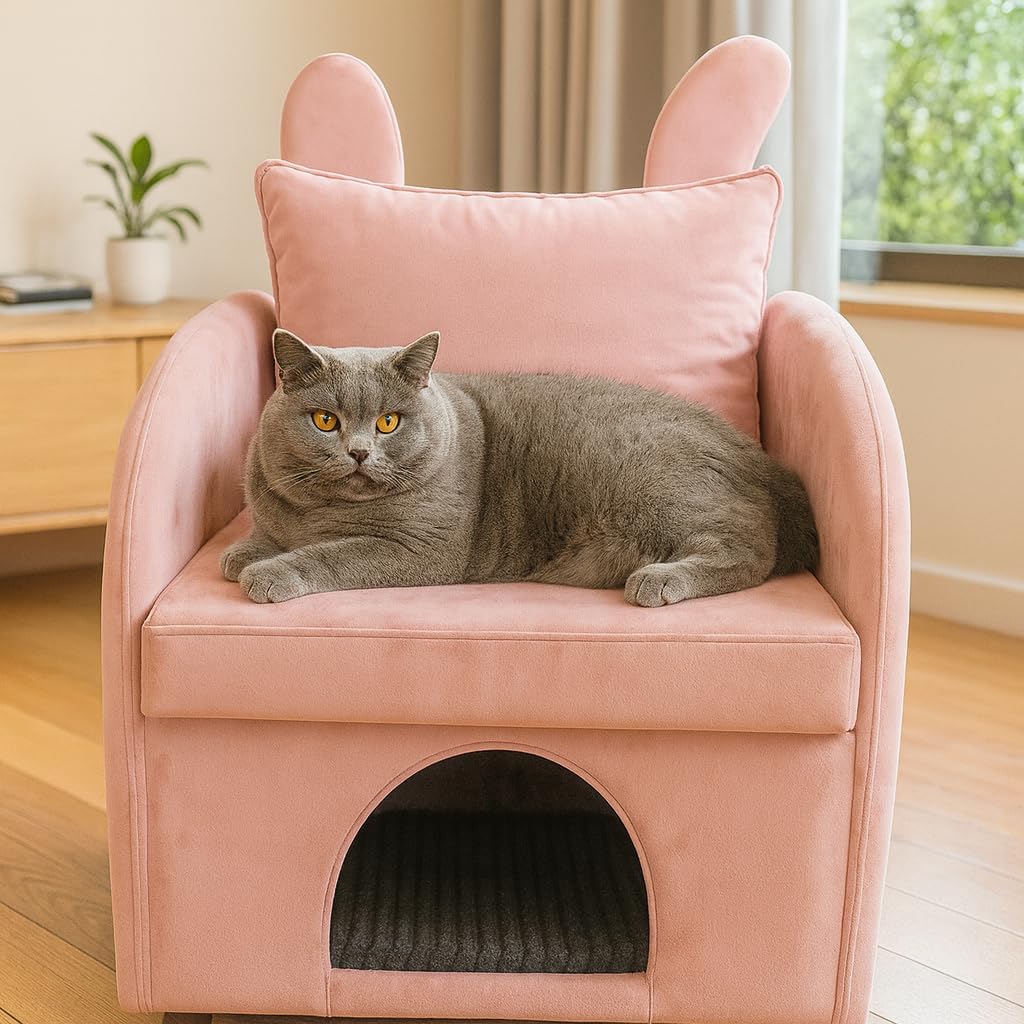 2-in-1 Velvet Bunny-Ear Armchair with Pet Hideaway – Luxury Plush Sofa Chair (27.4"x25.2"x37.4") for Humans & Cats/Dogs, Built-in Side Pocket & Cozy Cubby, Skin-Friendly Fabric (Pink)
