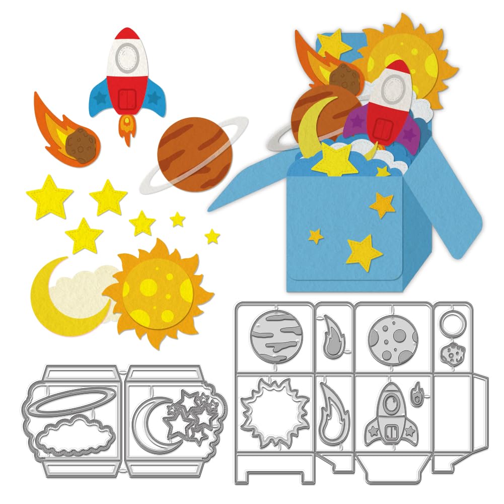 WADORN 2Pcs Metal Space Cutting Dies, Space Theme 3D Gift Box Carbon Steel Cut Stencils for Card Making Embossing Stencil Die Cuts Rocket Stars Cutting Embossing Stencil for Scrapbooking Album Card