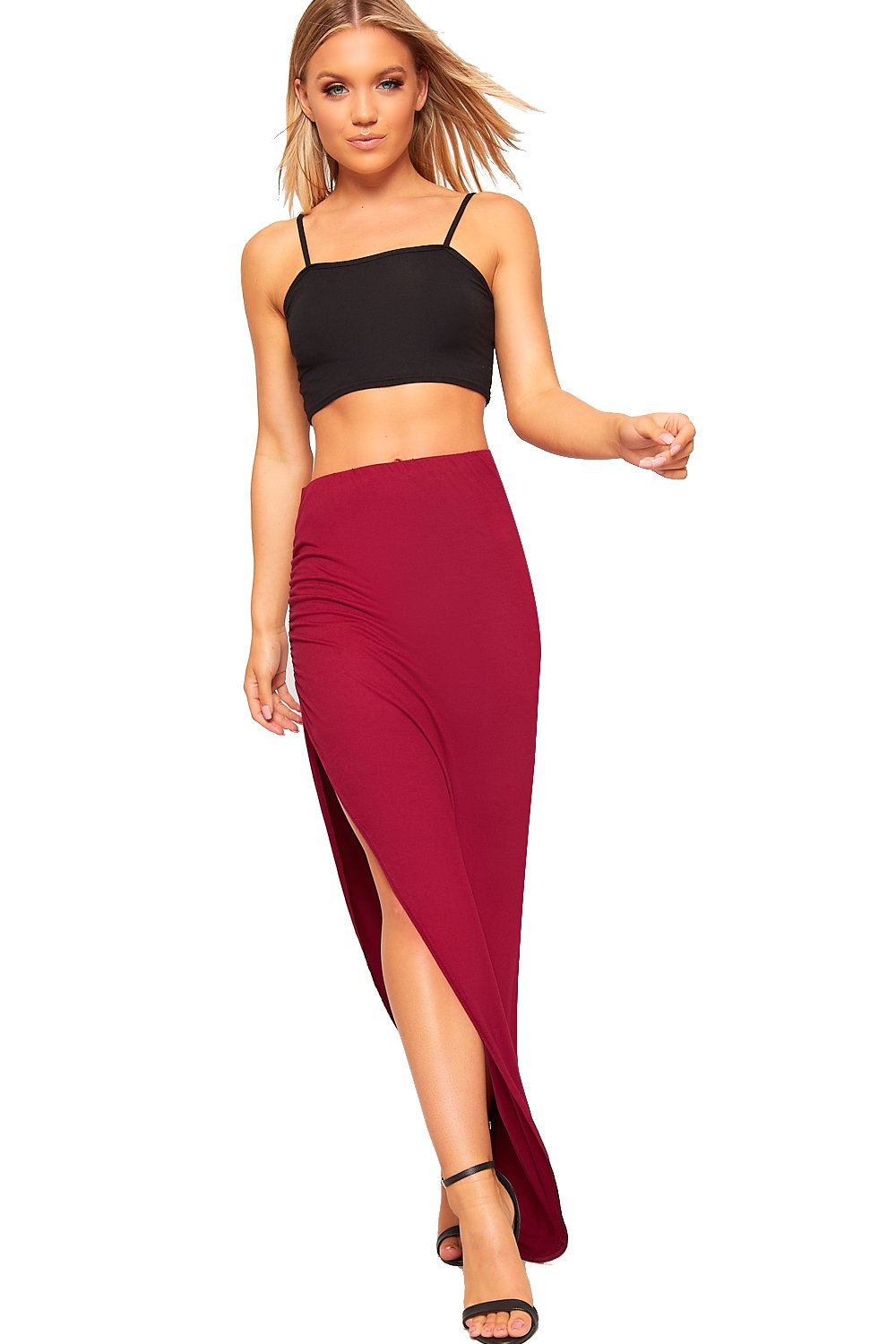 WearAll Women's Full Length Side Split Slit Maxi Skirt Ladies Plain Basic Lined Ruched - Wine - 12-14