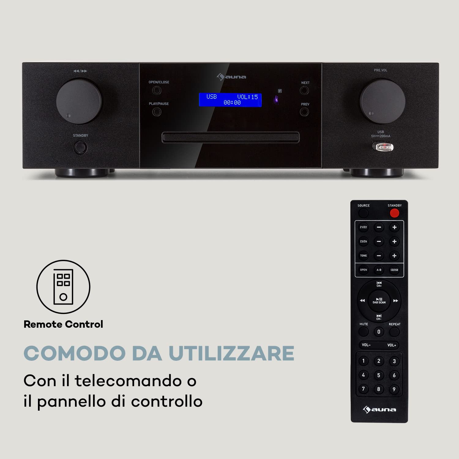 Auna CD-1000 DG - Lettore CD hifi, USB, MP3, telecomando, lettore CD con display LED, ricevitore CD in alluminio, nero