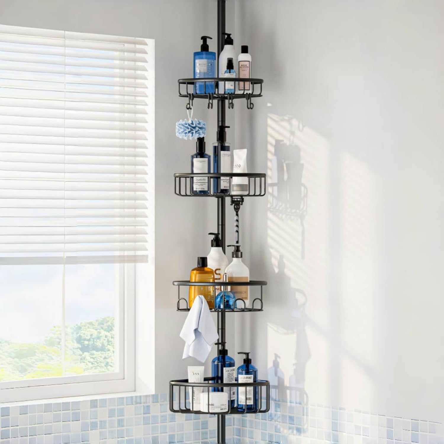 Corner Shower Caddy Tension Pole Stainless Steel 47-121 inch Adjustable Shower Shelves for Bathtub - Rustproof 4-Tier Bathroom