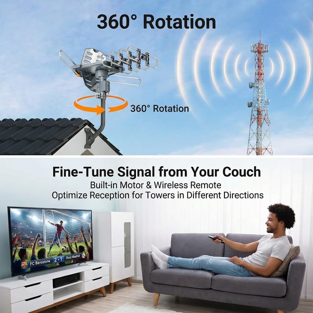PBD Digital Amplified Outdoor HDTV Antenna with 40FT RG6 Cable, 360 Degree Rotation, Wireless Remote, Snap-On Installation
