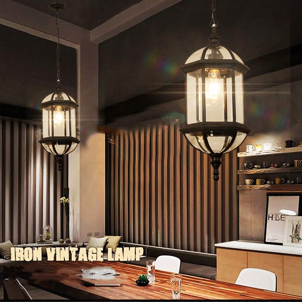 Zewnętrzna lampa wisząca Antyczna wioska Metalowa latarnia w kształcie klatki Wodoodporna ogrodowa Lampa wisząca sufitowa E27 Szkło aluminiowe Regulowana wysokość Żyrandol Oświetlenie na patio Ogród