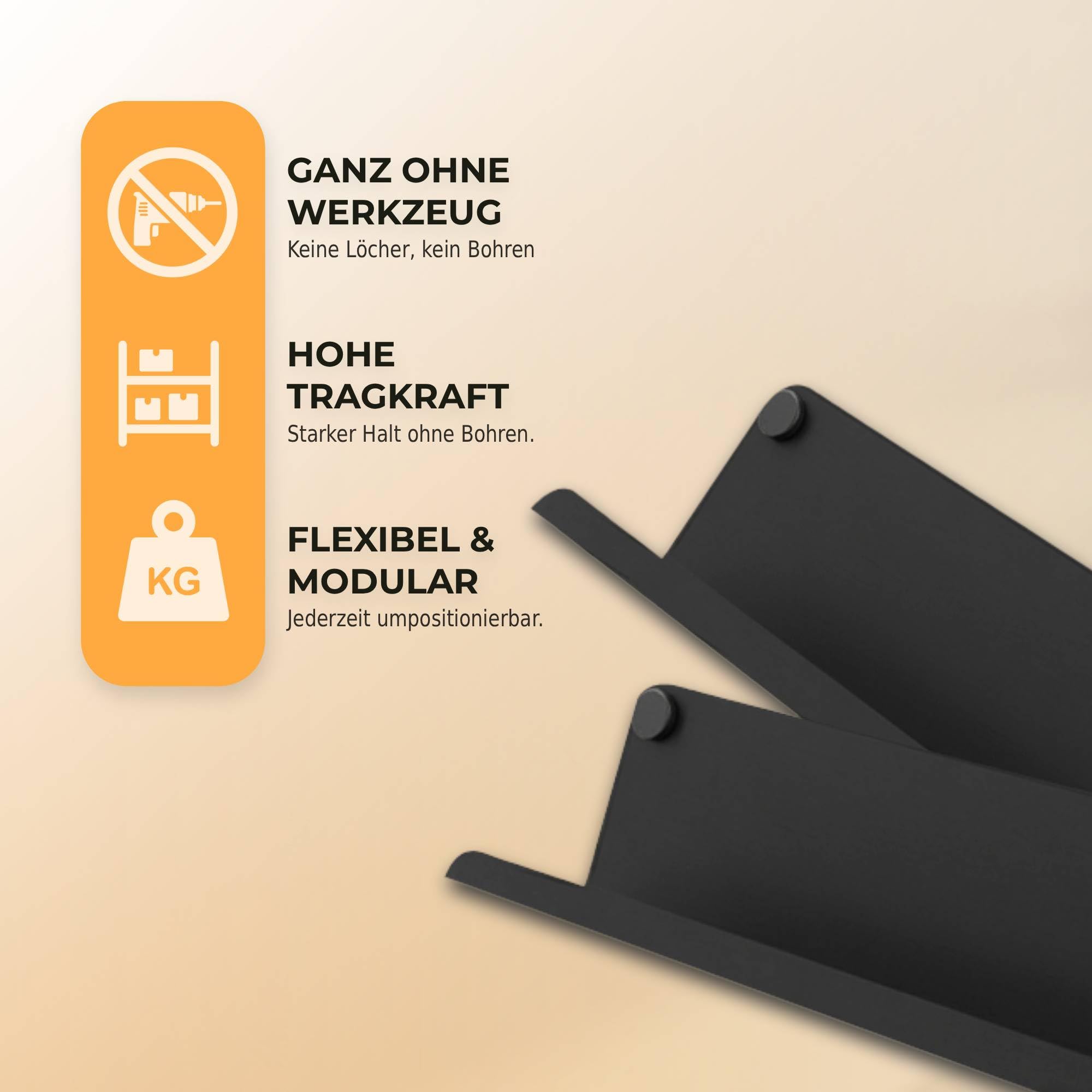 HOME LOVE Ablage für Akustikpaneele 52x9 cm – ohne Bohren | Regal für Paneele | Akustikpaneele Zubehör | Wandpaneele Regal schwarz Metall