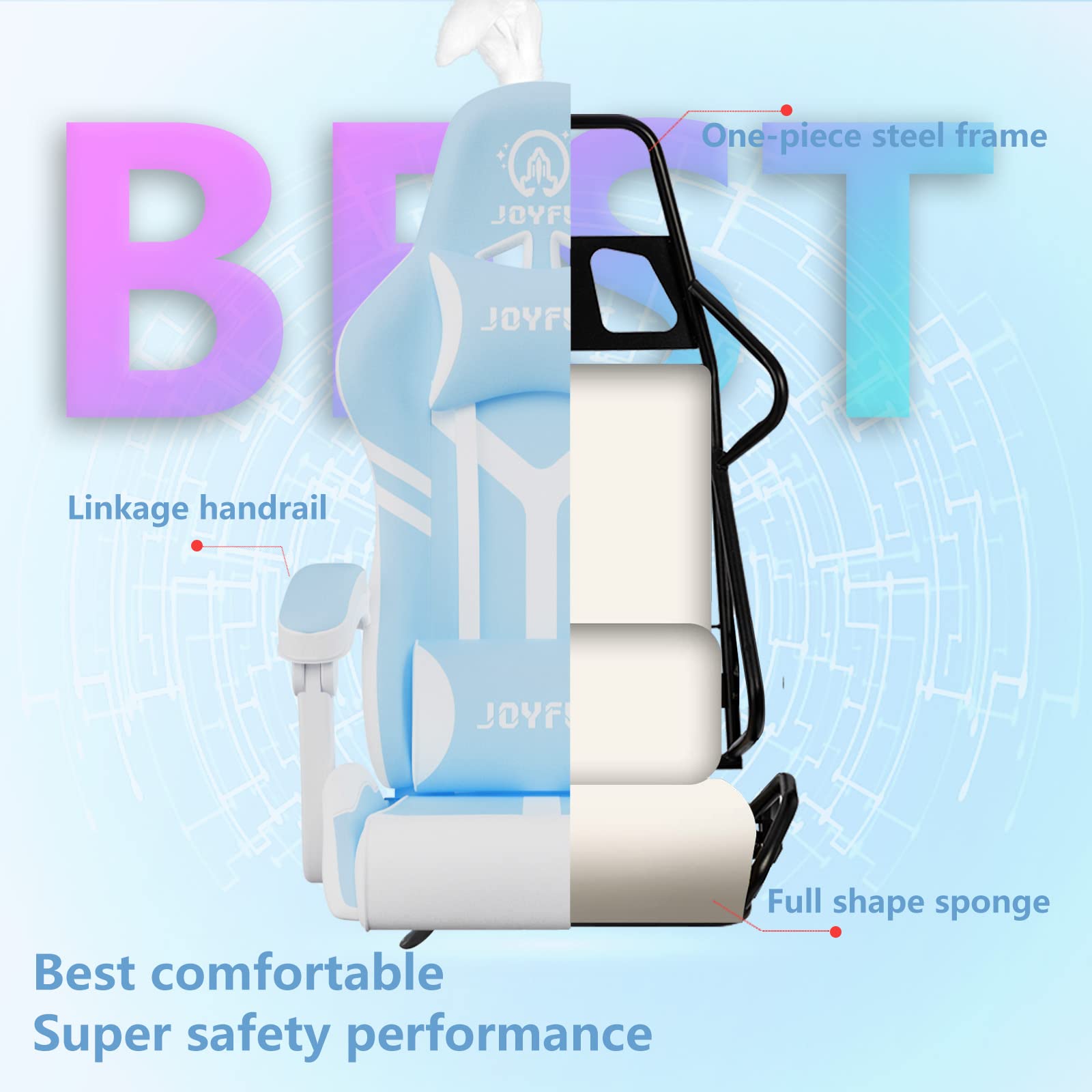 JOYFLY Light Blue Gaming Chair With Bunny Ears – Ergonomic, Adjustable & Super Cute For Girls, Adults & Kids