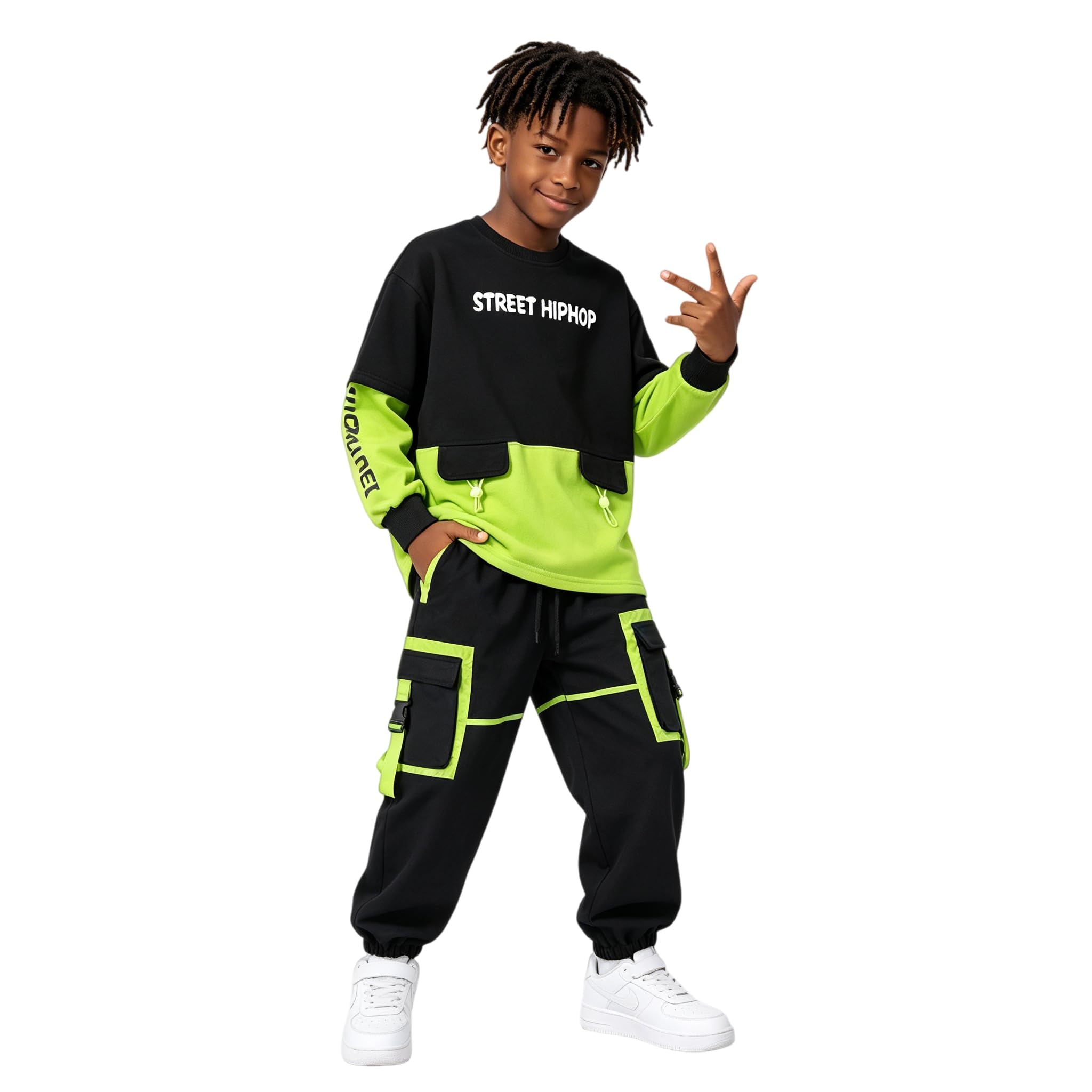 LOLANTA Jungen Hip Hop Tanzoutfit Colorblock Locker geschnittes Sweatshirt & Cargo-Hose, Streetwear Tanzkleidung Set für Kinder