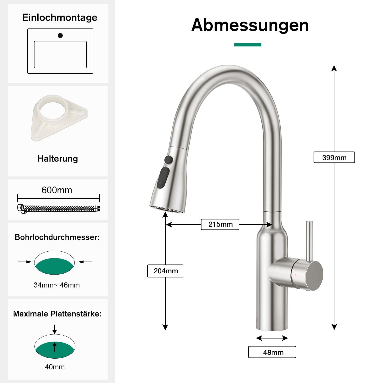 CREA Hoher Bogen Küchenarmatur mit 3 Wasserstrahlarten Brause ausziehbar, Einhebelmischer Hochdruck Armatur Wasserhahn Spültischarmatur Spülenarmatur Küche 360° Drehbar aus Edelstahl gebürstet matt