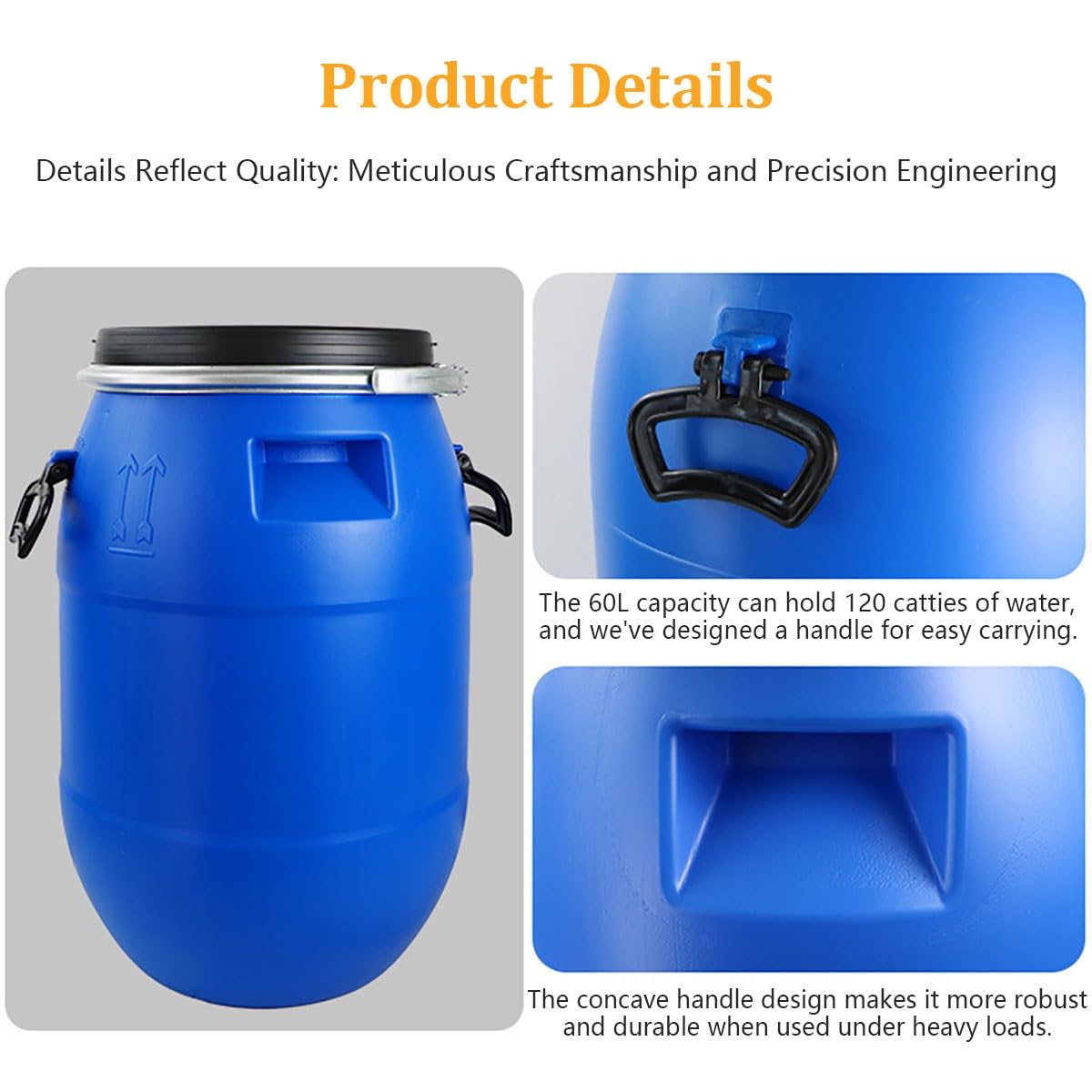 Bidón Plástico Con Tapa, Gran Barril Azul, Barril De Boca Ancha Con Tapa Y Anillo, Bidón De Agua Para Envío, Uso Industrial Y Recolección De Agua Lluvia(60l)