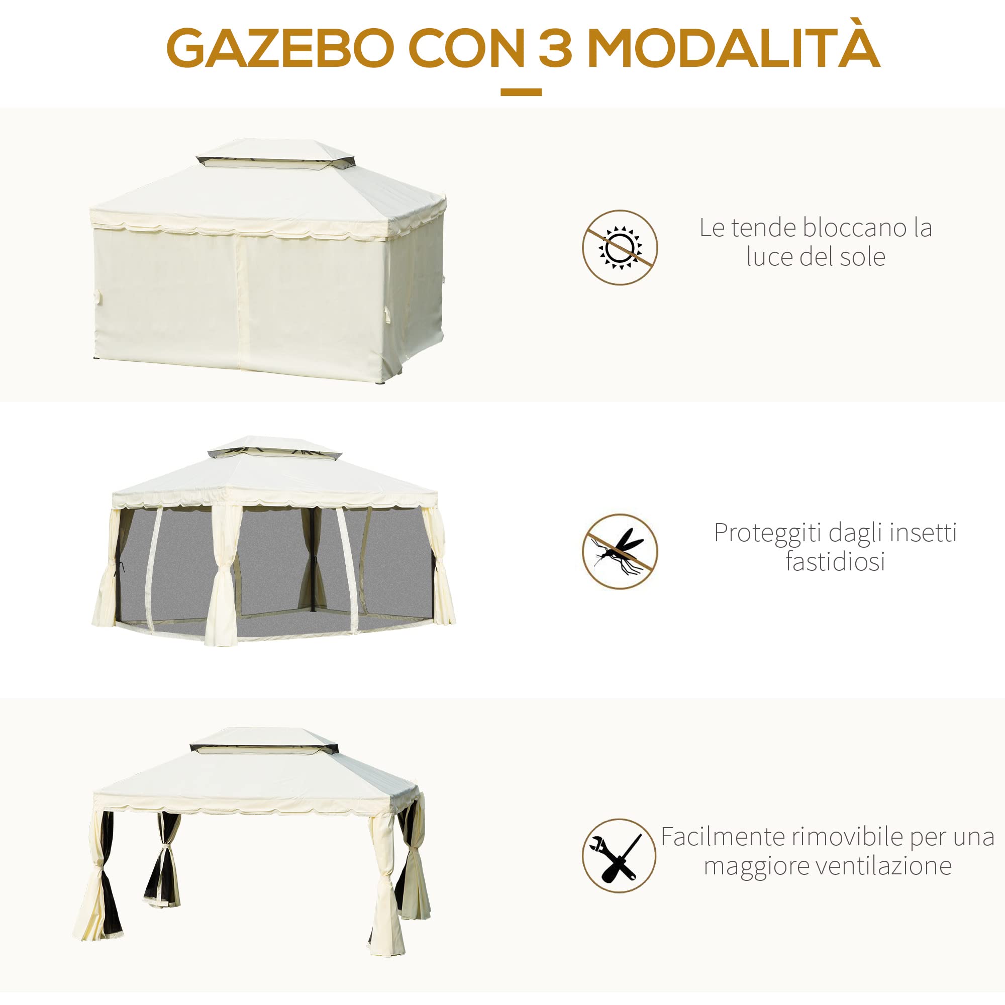 Outsunny Gazebo da Giardino 4x3 m con Zanzariera e Tende Parasole, Doppio Tetto, Anti UV, Alluminio, Crema