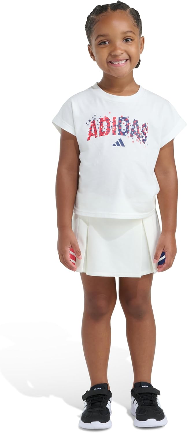 adidas girls 2-Piece Short Sleeve Box Tee & Pleated Skort Set, Off White, 6