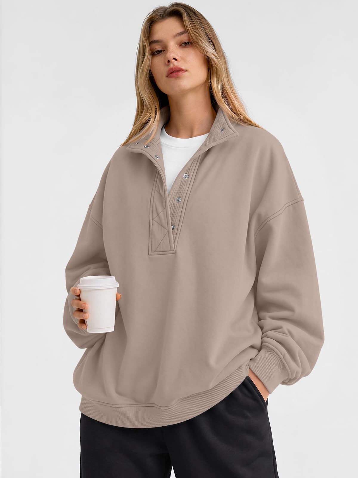 Trendy Queen Womens Oversized Sweatshirts with Snap Button Henley Collar view 2