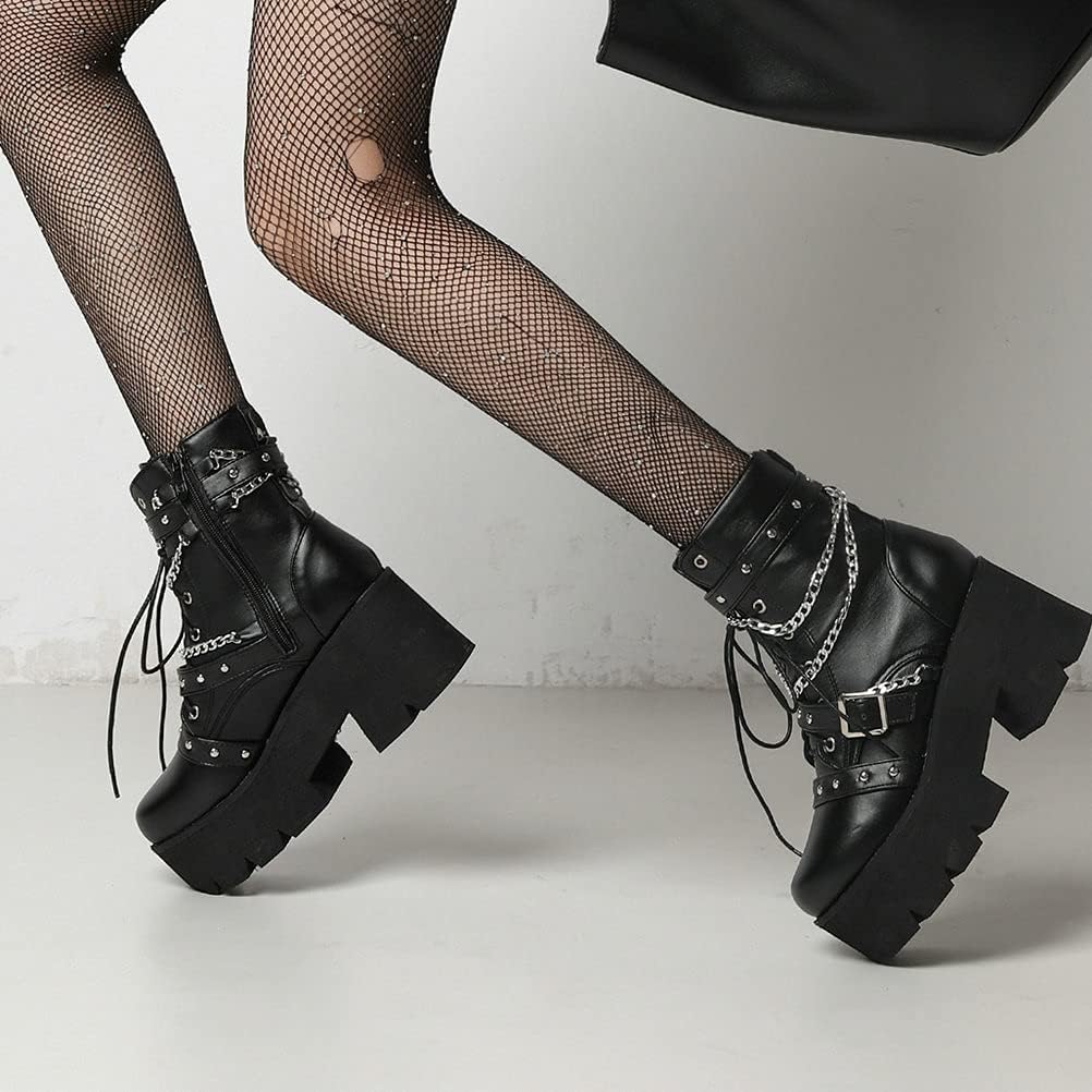 LUXMAX Women Buckle Goth Chunky Platform Ankle Boots Lace Up High Heel Motorcycle Boots with Chain - Image 6