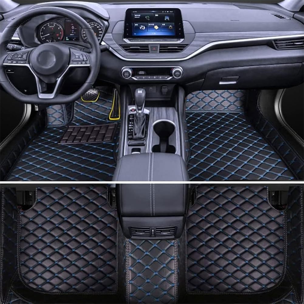 Malvcd F/Black-Blue Tailored Car Loor Mats Leather Or Bmw 5 Series (G30) 520 530 525 540 535 2019-2022(Rhd), All Weather Cover Carpet Loor Liner Waterproo Anti-Slip Oot Pads Interior Accessories