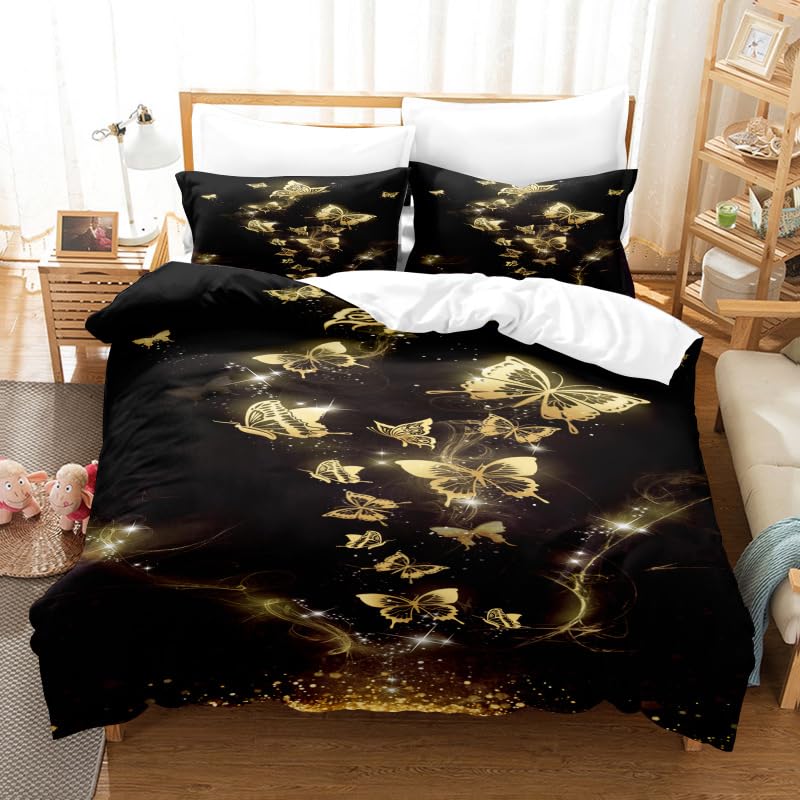 Housse de couette 240x260 papillon noir en microfibre avec 2 taies d'oreiller