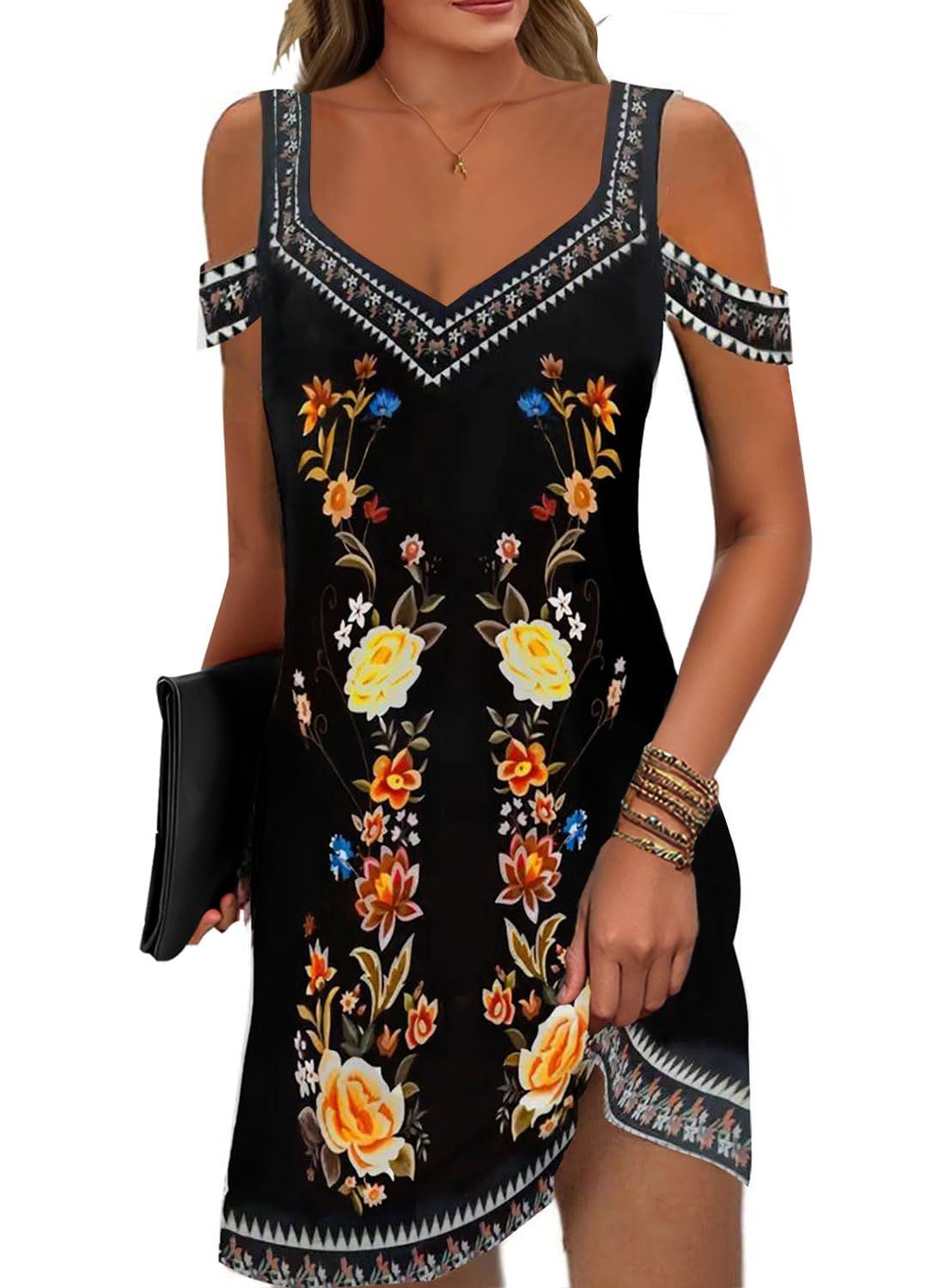 Soesdemo Womens Summer Dress Cold Shoulder V Neck Floral Printed 2024 Fashion Sundress with Pockets