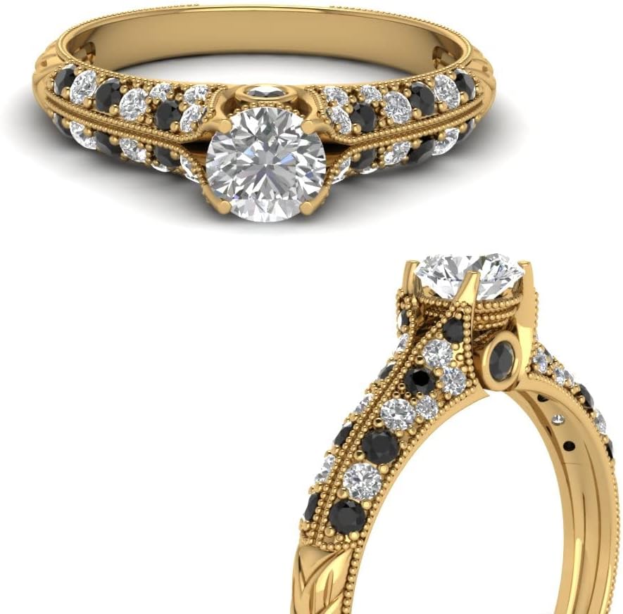 Choose Your Gemstone High Setting Vintage Diamond CZ Ring Yellow Gold Plated Round Shape Milgrain Engagement Rings Minimal Modern Design Birthday Gift Wedding Gift US Size 4 to 12