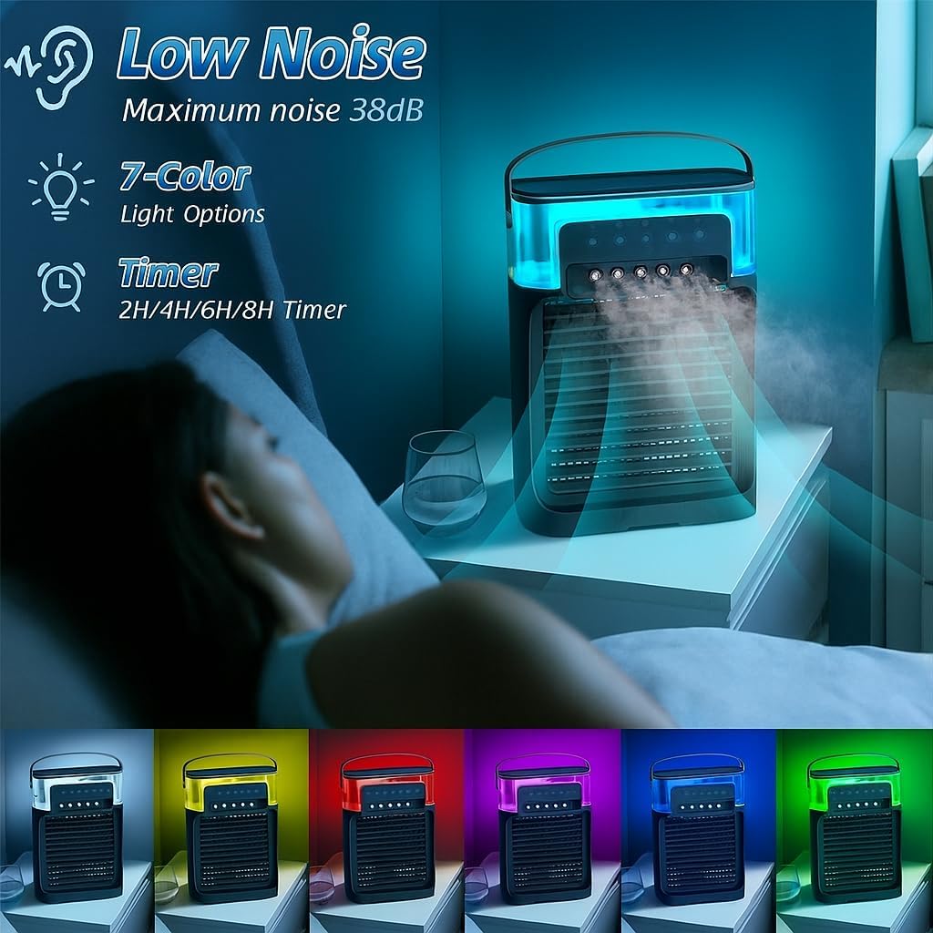Portable Mini Air Cooler | 3-in-1 AC Fan with 3 Wind Speeds, 3 Spray Modes, LED Light & Timer | USB Powered Personal Cooling Fan for Office, Home, Dorm, Travel, Kitchen (Dark Green)