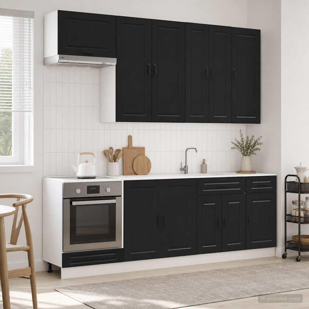 Mobile da cucina Porto, 8 pezzi, nero, moderna cucina da incasso in legno con pensili e pensili per molto spazio in cucina e sala da pranzo