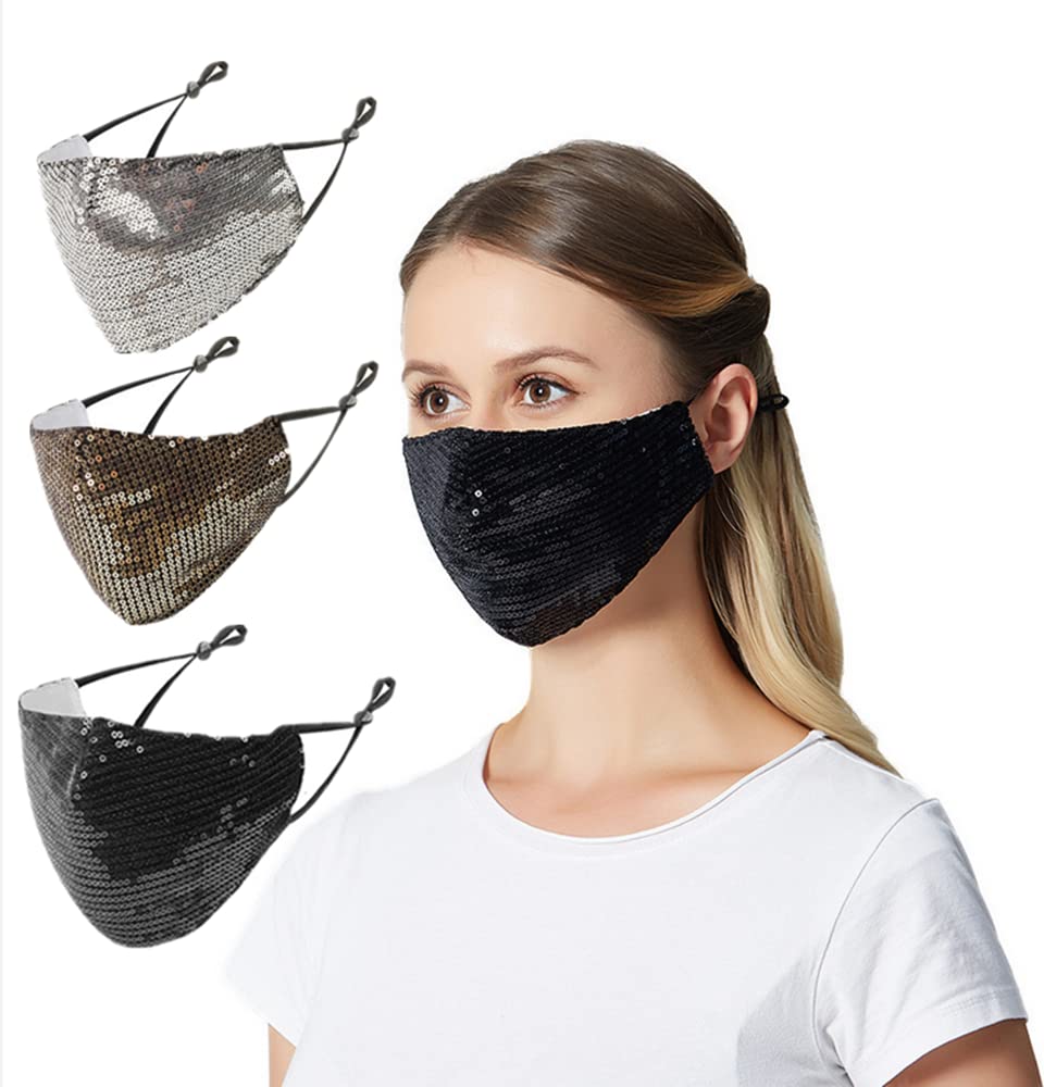 3 Pcs Sequin Face Mask with Filter Pocket, Adjustable Ear Loops, Masquerade Fashion Bling Mask for Women,Washable Reusable (Black gold silver)
