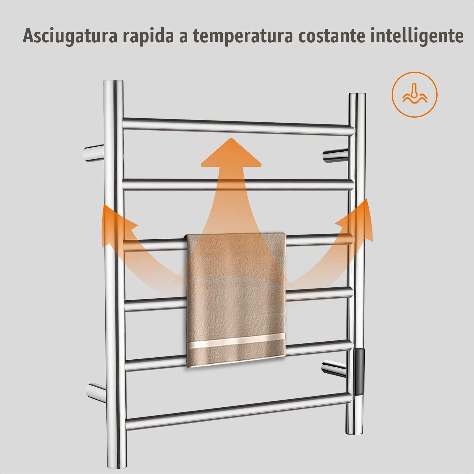 QL Scaldasalviette Elettrico con Timer,Portasciugamani Elettrico a Parete con Temperatura Regolabile,145W,Acciaio Inox 6 Bar,600x500mm,Argento