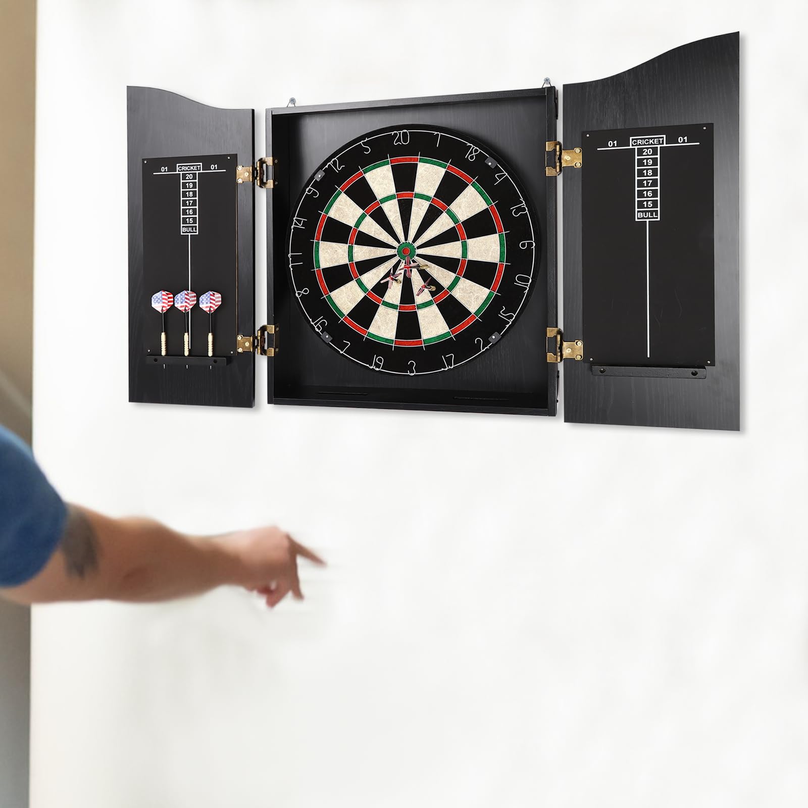Dartboard, Classic Dartboard Cabinet, Dart Board Cabinet Set for Adults, Darts Holder Wall Mounted, Darts Throw Line, and Ready to Play Bundle (Black)
