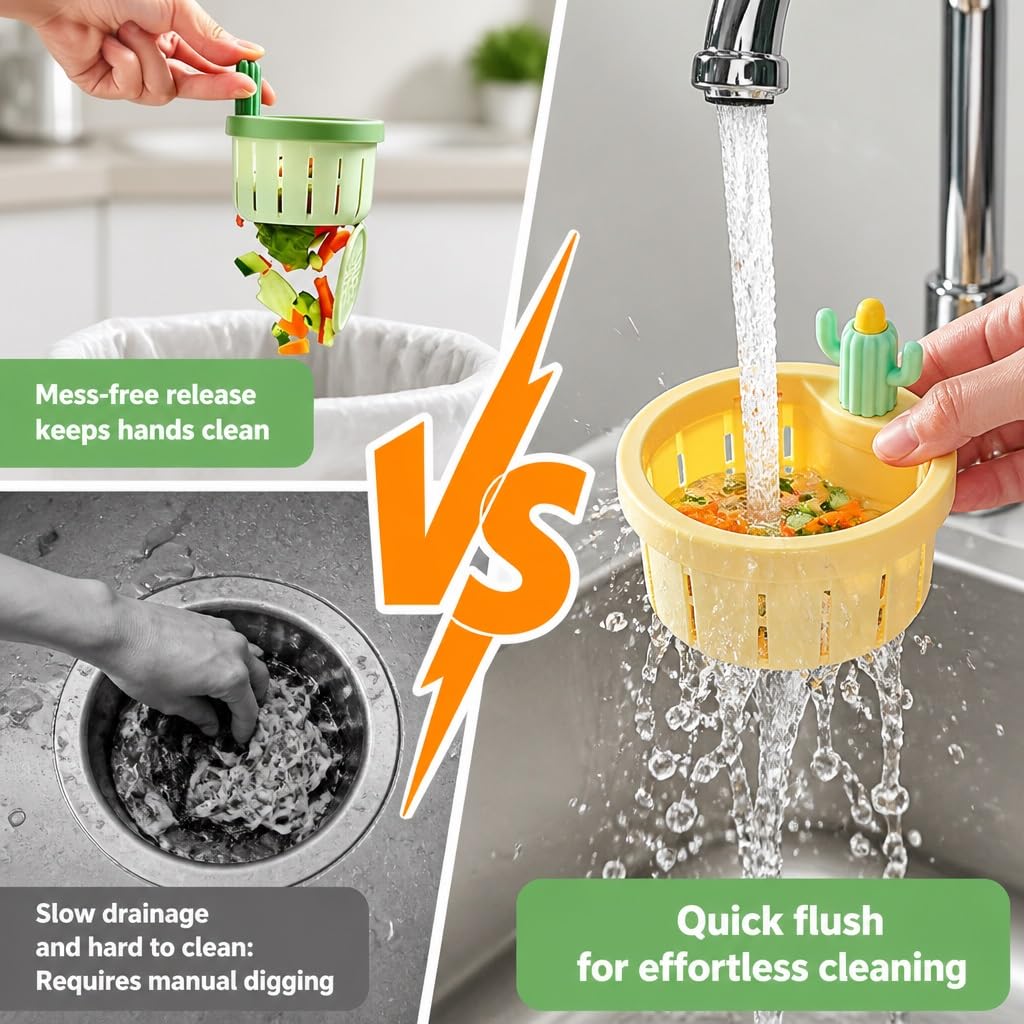 Filtro Lavandino Cucina Divertente a Forma di Cactus, Cestello Filtro per Lavello con Maniglia di Sollevamento, Raccoglitore Avanzi di Cibo Autopulente, Scarico Facile a Pressione(A)