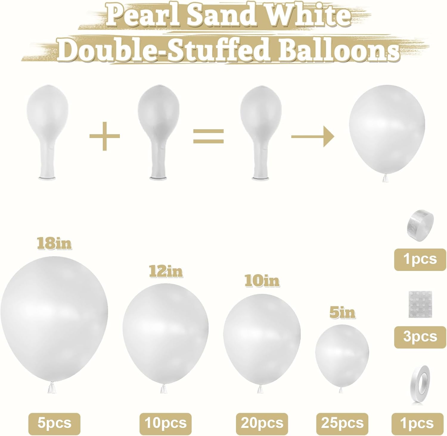 Pearl White Double-Stuffed Balloons Arch Garland Kit, 60 Pack 18/12/10/5 Inch Different Size Standard White Pearl Balloons for Wedding Bridal Shower Anniversary Birthday Engagement Decor