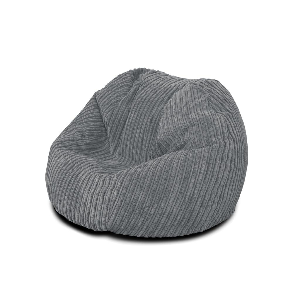 Bags of Beans Large Kids Soft Corduroy Bean Bag Chair Pre-Filled - Grey