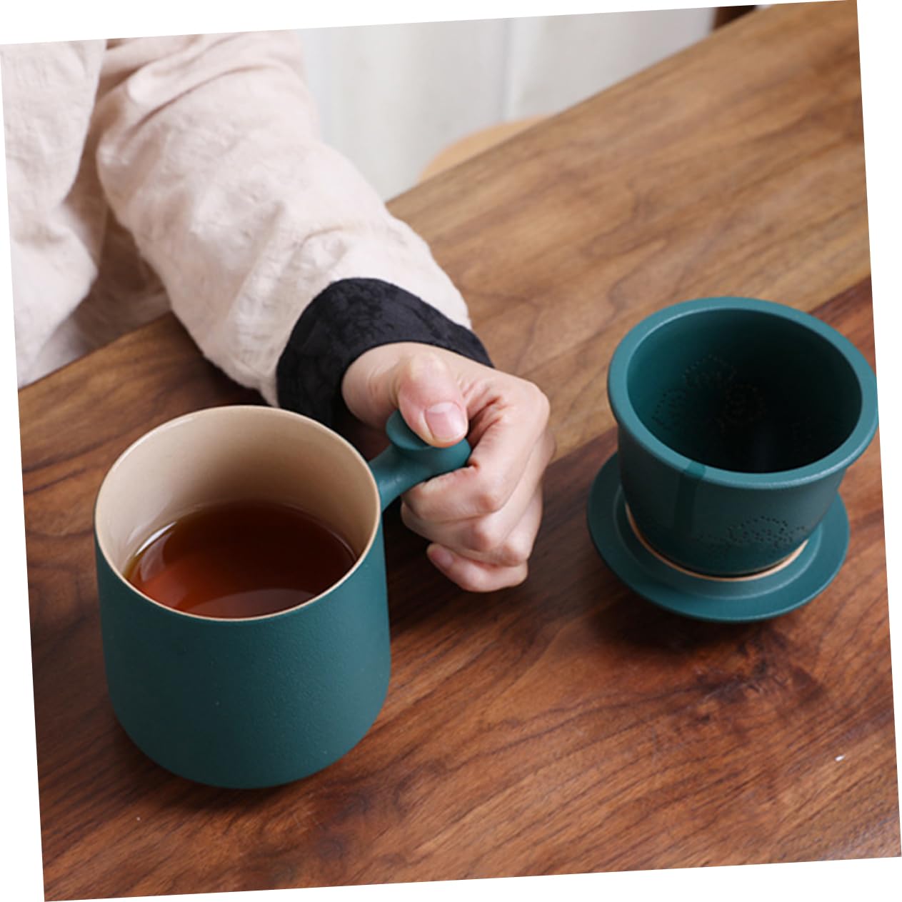 400ml Keramiktasse Grün mit Deckel und Holzgriff für Tee