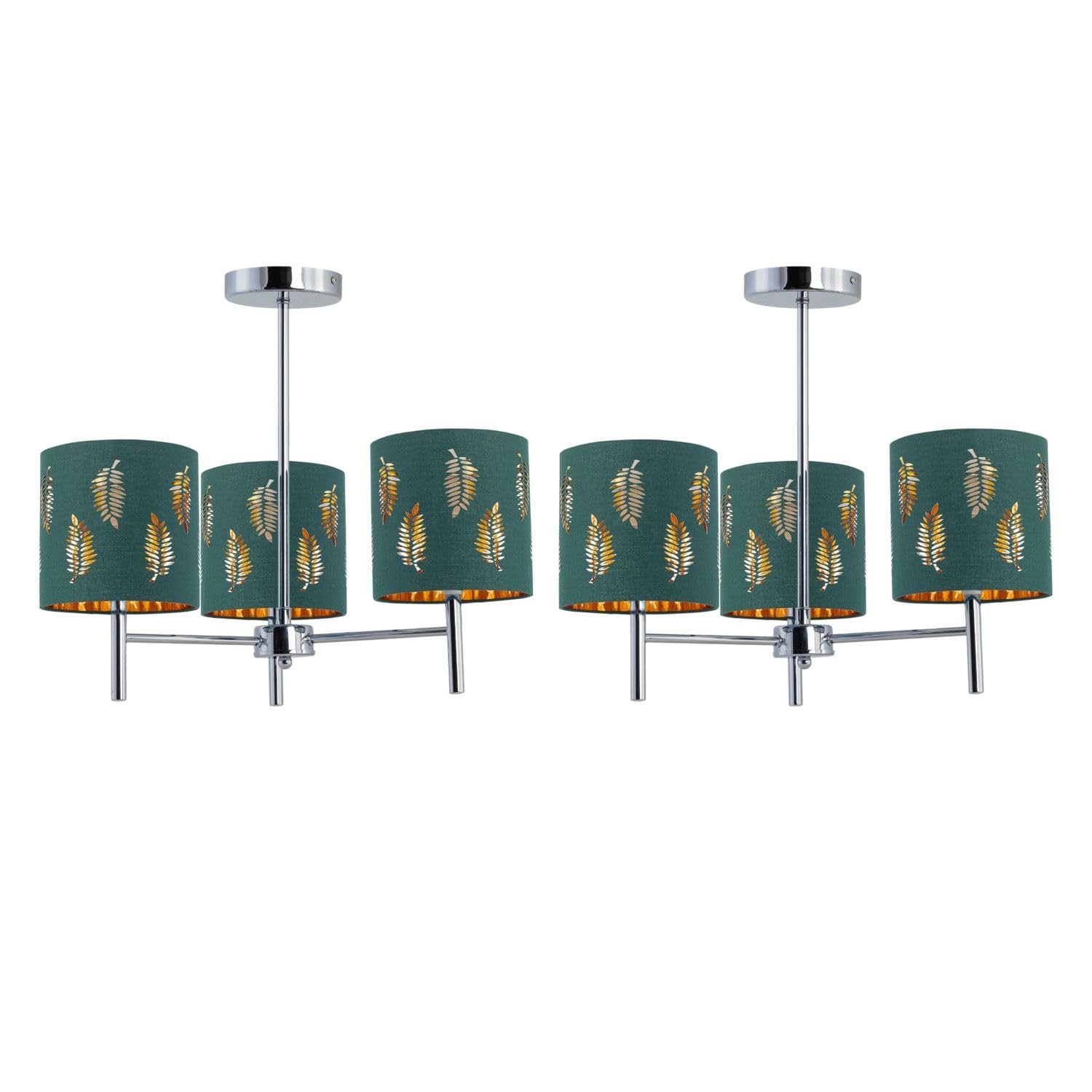 Firstchoicelighting Chrome & Green Set Of 2 Brea Chrome Ceiling Light Fittings With Dark Green Fern Shades, Led Compatible, Modern Semi Flush Design