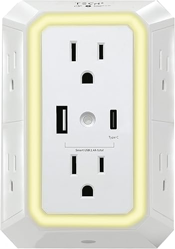 Protector contra sobretensiones de toma de pared con puertos USB y luz nocturna, extensor de 6 salidas con 2 puertos USB (1 USB-C) - Regleta de