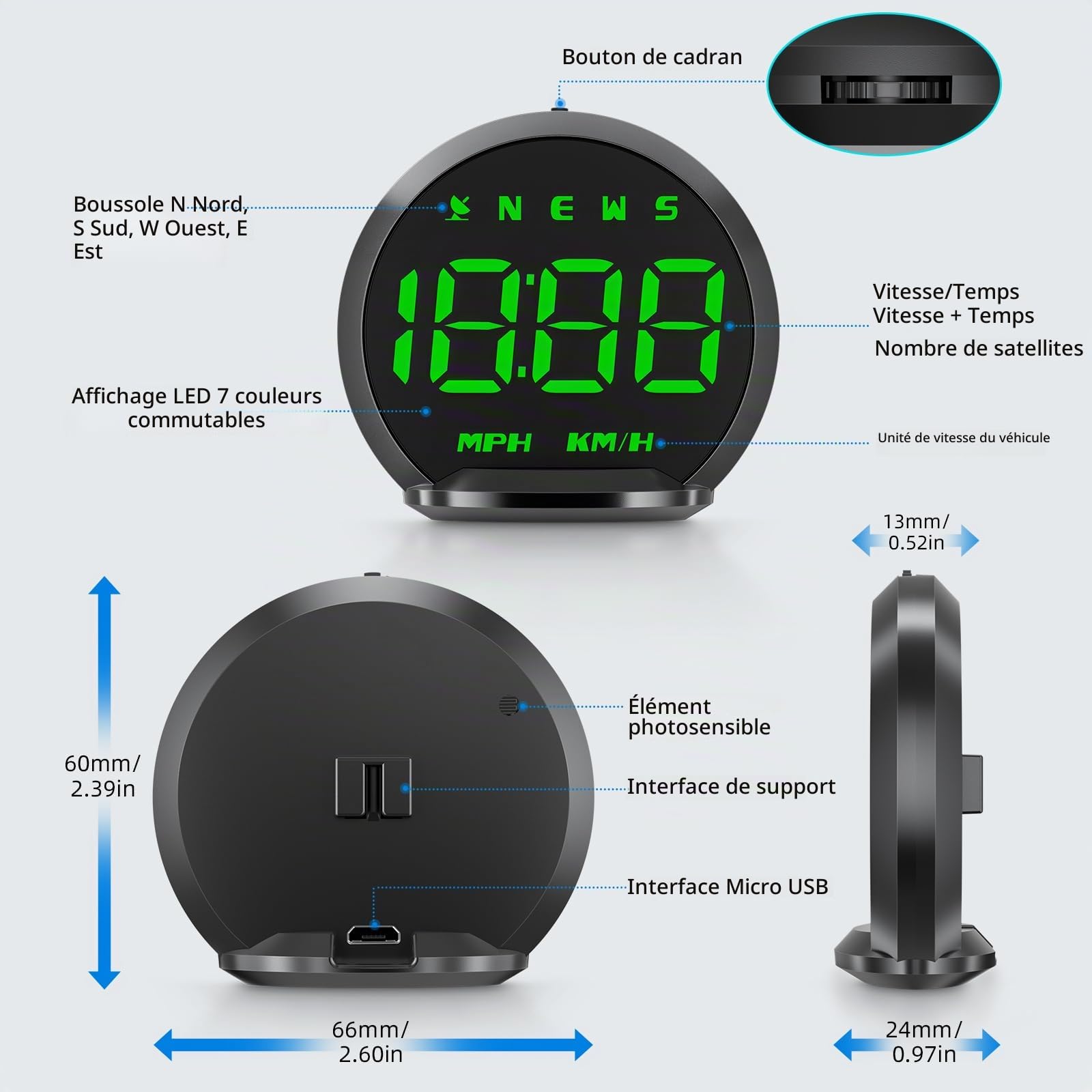 KAOLALI Affichage Tête Haute, 2.2" Compteur de Vitesse GPS Universel | HUD de Voiture KMH/MPH avec Support à Ventouse, Alerte de Vitesse, Temps, Boussole pour Toutes les Voitures