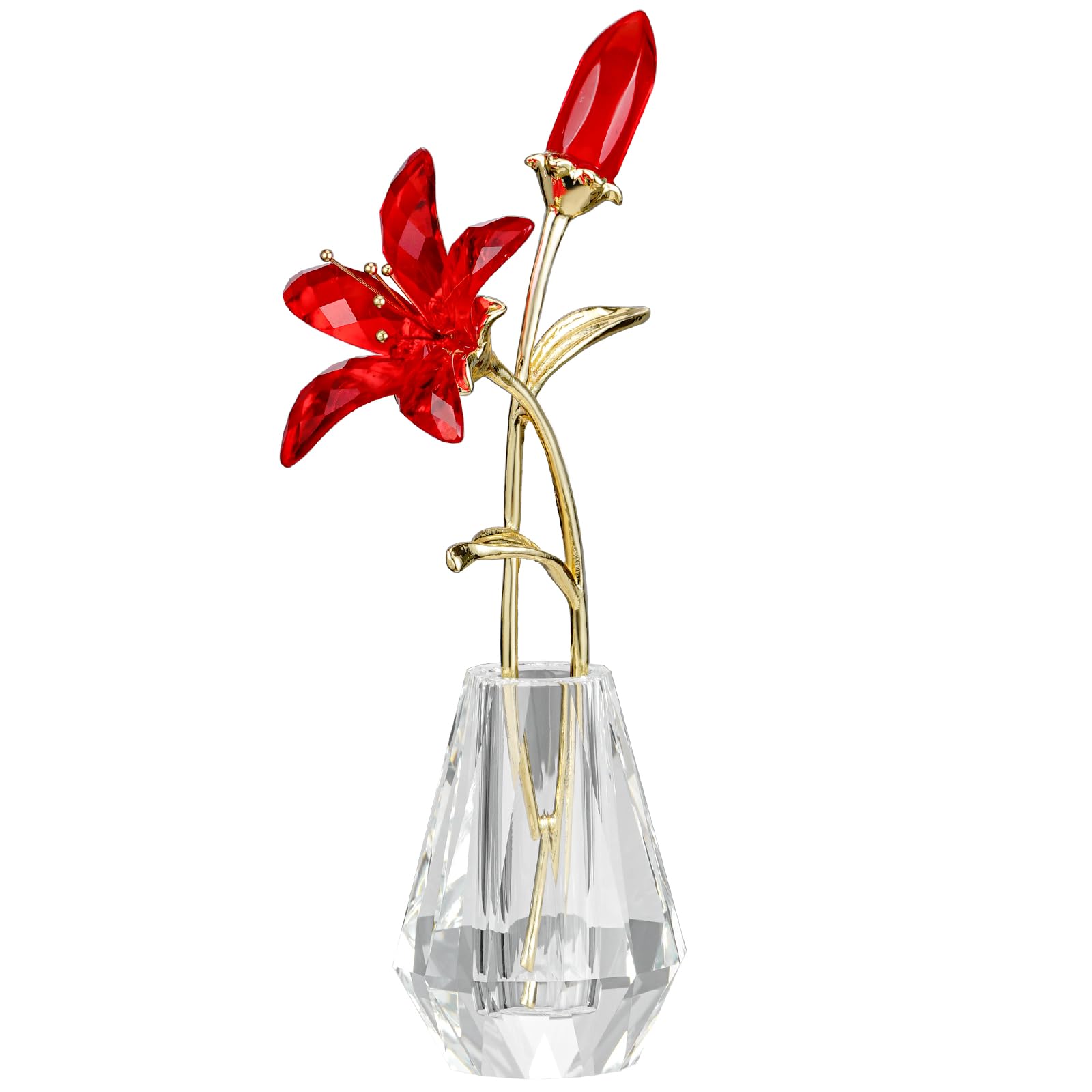 RONG KRISTO Crystal Lily Figurine, Glass Flowers with Stem,Flower Collectible Gifts For Woman, Wedding Party Decor(Red)