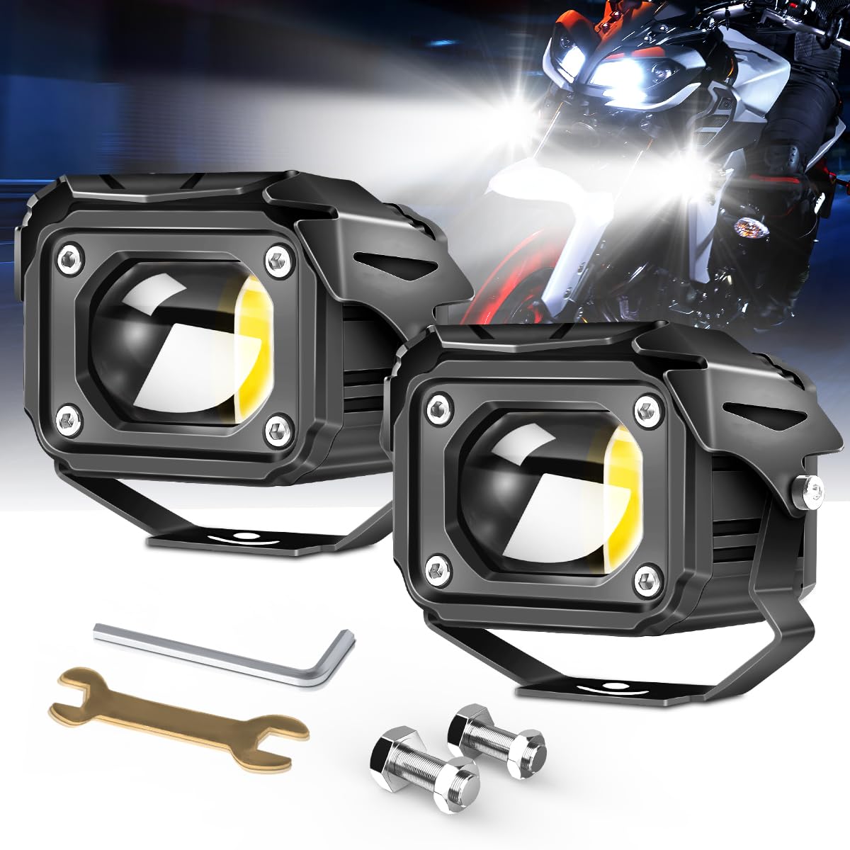 Motorcycle LED Fog Lights Auxiliary Driving Lights 6500K Pure White LED Pod Lights Compatible with Motorcycle E-Bike ATV UTV