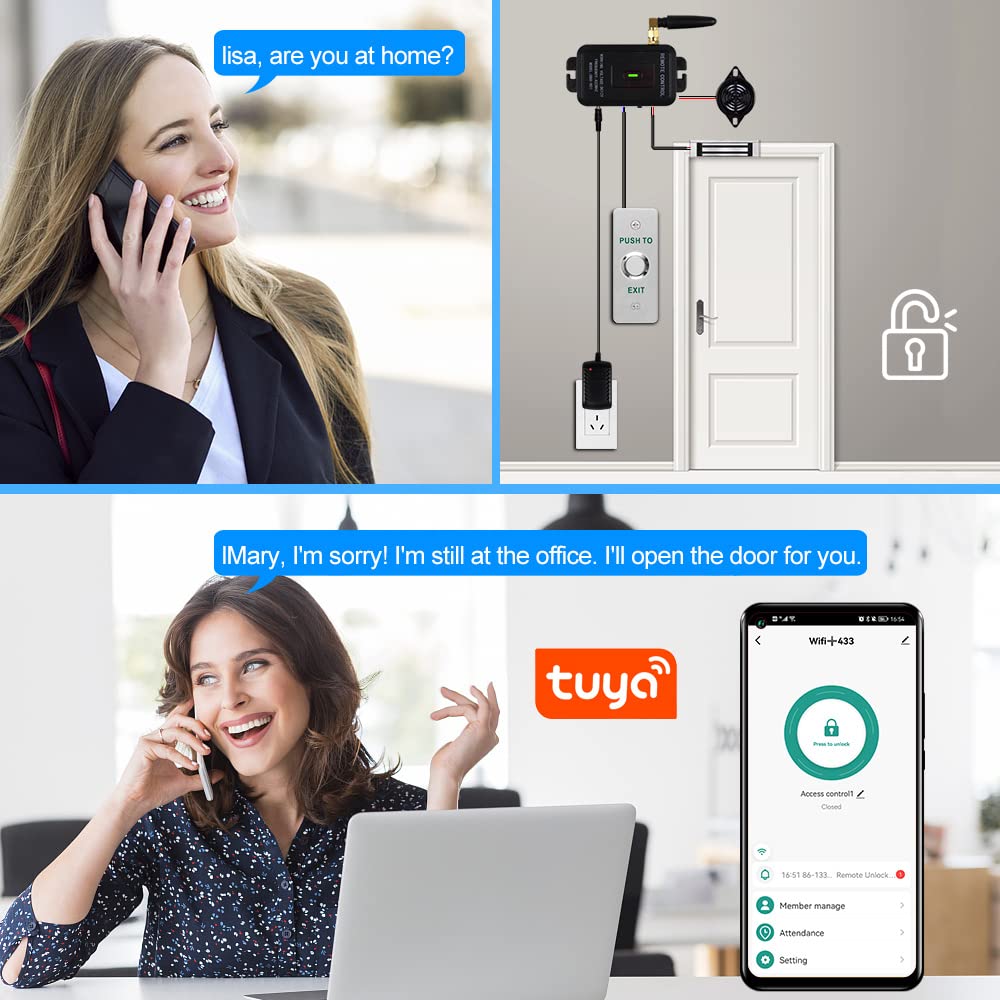 TUYA Système de Contrôle d'accès Kit de Serrure Magnétique 180KG avec Contrôle par Application Smartphone, Couplé avec Une Télécommande sans Fil à Pression et Un Bouton de Sortie