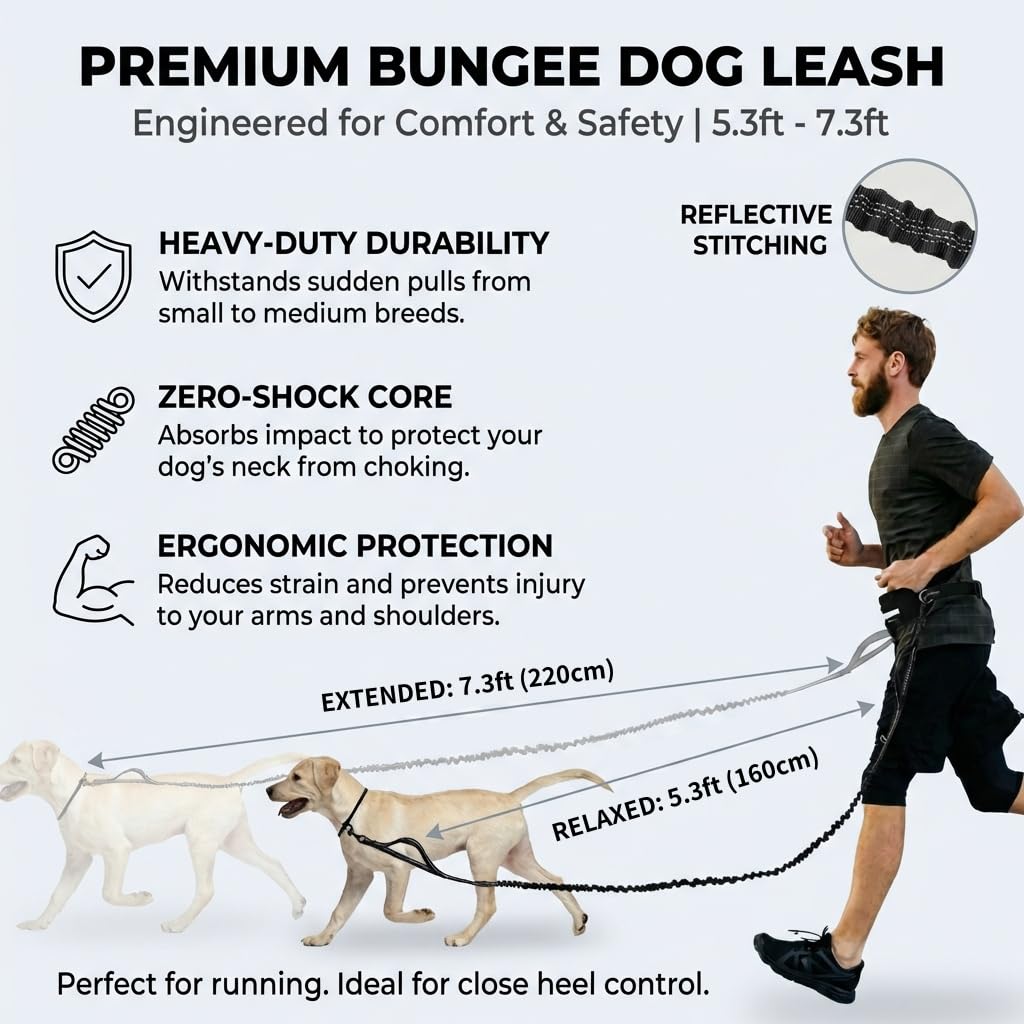 Tails & Tales Correa para perro manos libres con riñonera, asas acolchadas dobles y tira reflectante, elástica que absorbe los golpes para perros grandes y medianos de hasta 100 libras, correr