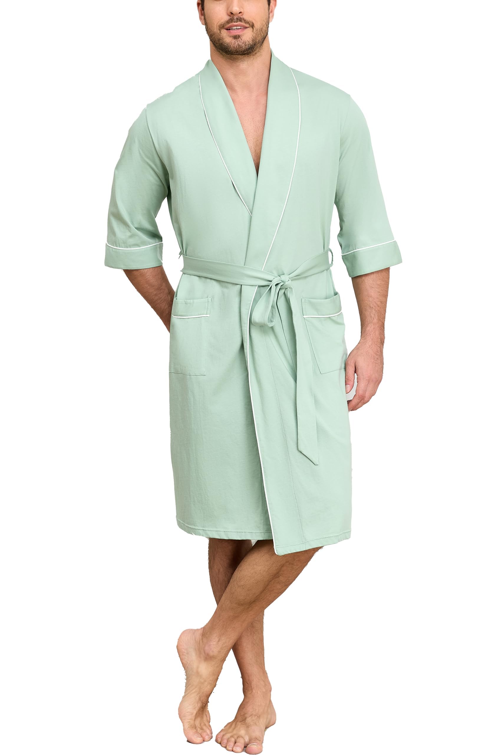 EA'S SECRET 100% Baumwolle Herren Leichte Bademantel Sommer 3/4-Ärmel Kimono Baderobe Weiches Knielang Sauna-Robe mit Taschen